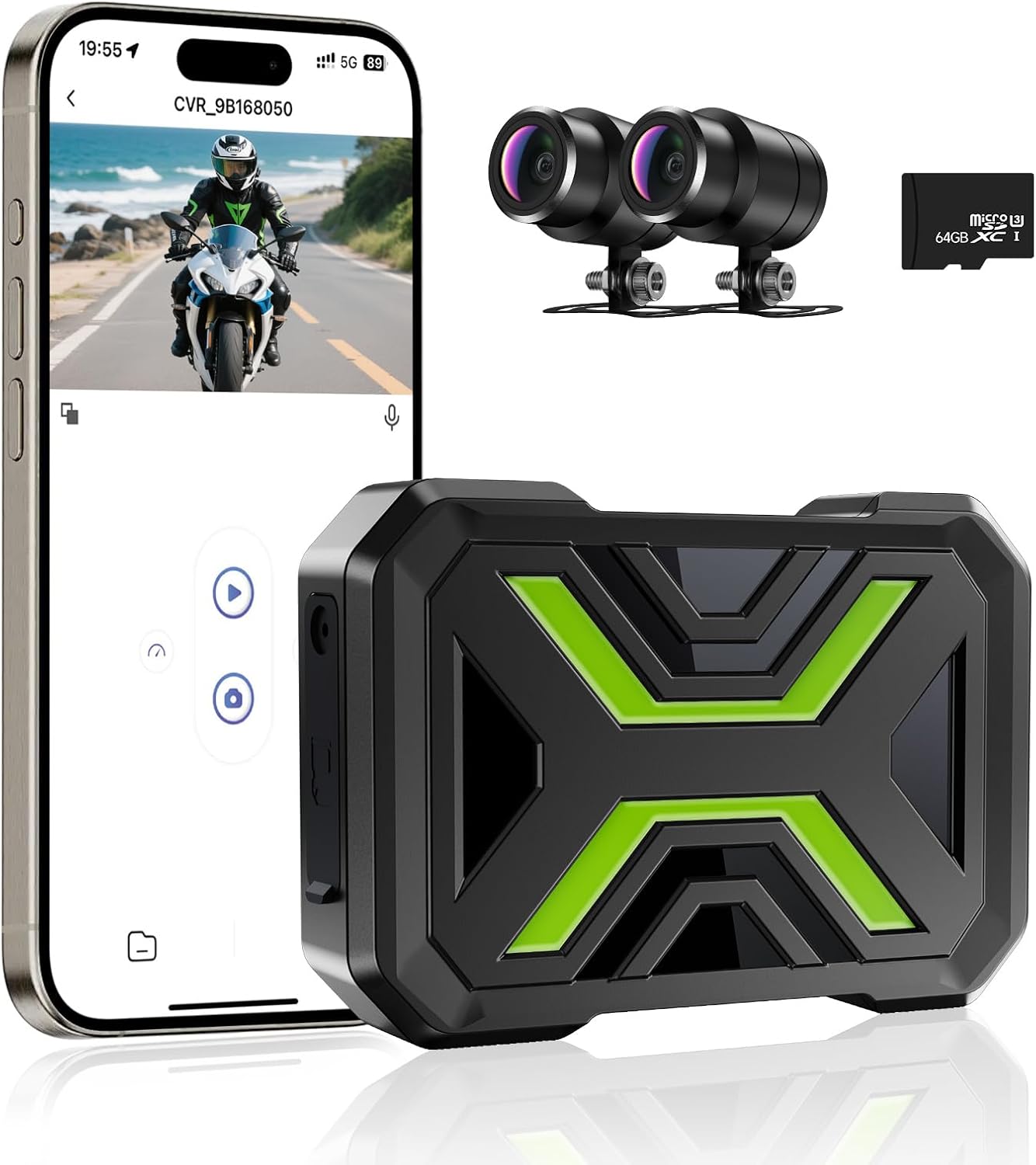 Motorcycle Dash Cam Front and Rear, Dual 1080p Dash Cam for Motorcycle with 64GB SD Card IP67 Waterproof Wide Angle Night Vision App Connect Loop Recording Max Support 128 GB