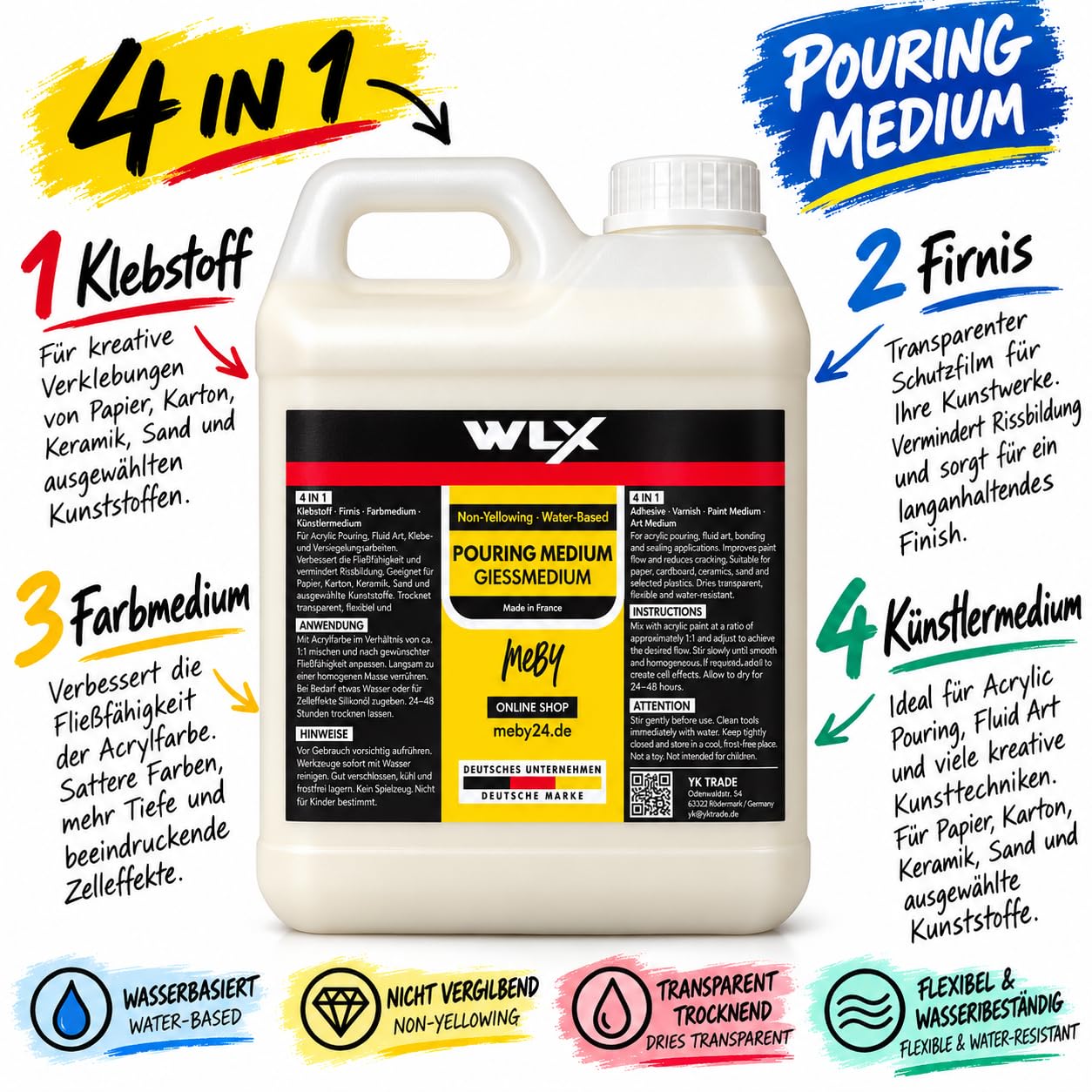 WLX Pouring Medium 4 en 1 pour peintures acryliques et Fluid Art - 5 l