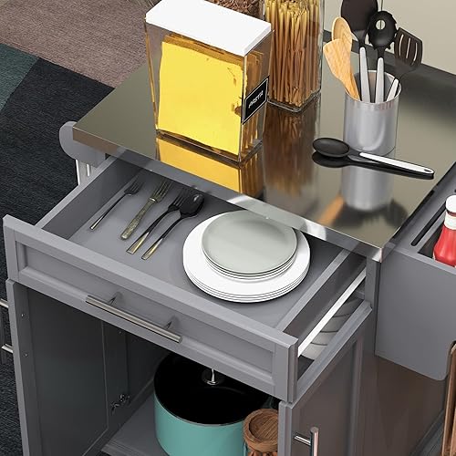Miniatura 6 de HOMCOM Isla de cocina sobre ruedas, carrito de cocina rodante con encimera de acero inoxidable, cajón, toallero y estante de especias, carrito de