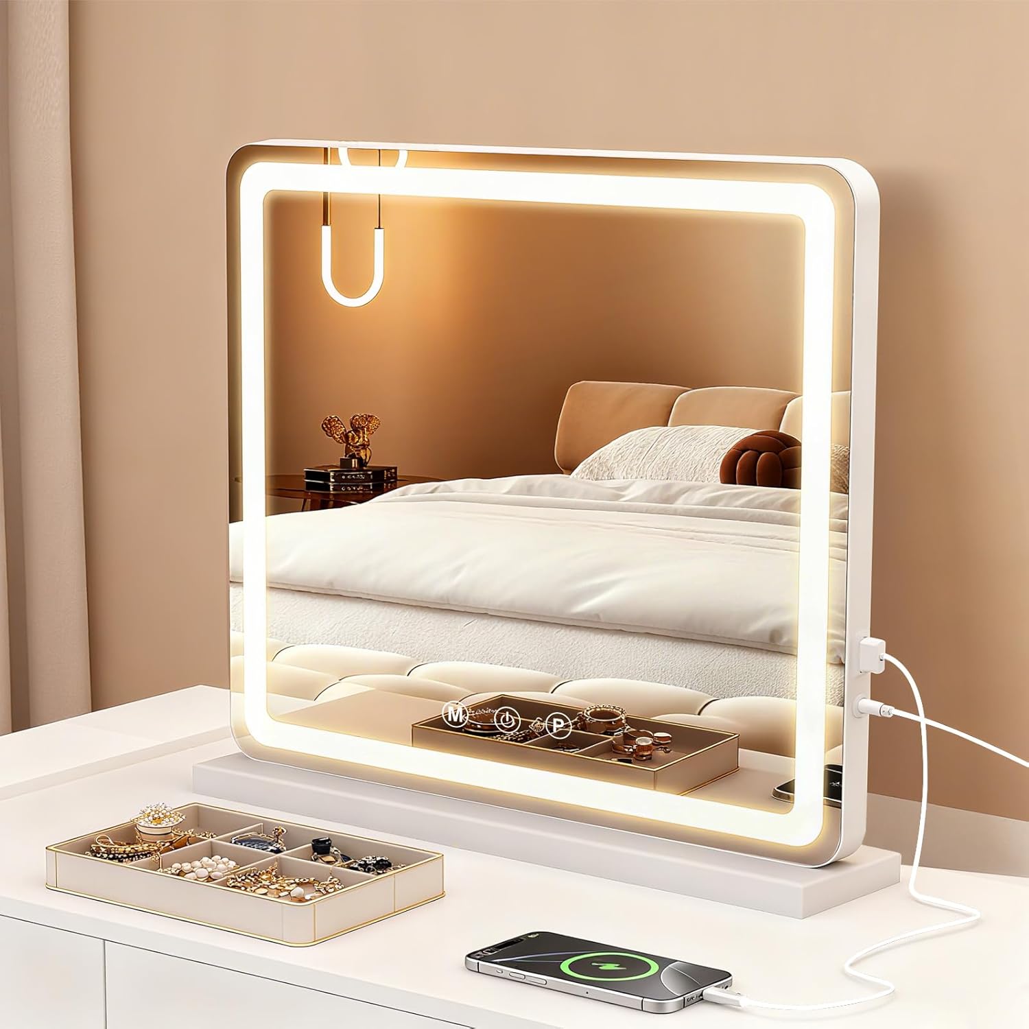 Vanity Mirror with Lights, LED Makeup Mirror with 3-Color Dimmable Lighting, Smart Touch Control, Memory Function, Tabletop Lighted Mirror for Bedroom, Dressing Room