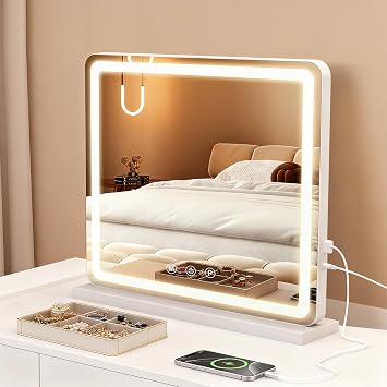 Vanity Mirror with Lights, LED Makeup Mirror with 3-Color Dimmable Lighting, Smart Touch Control, Memory Function, Tabletop Lighted Mirror for Bedroom, Dressing Room