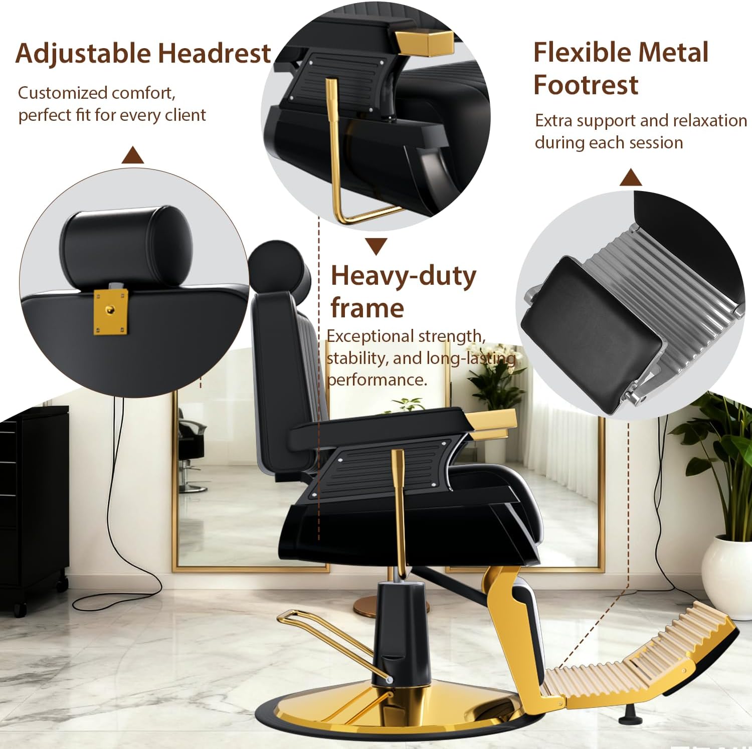 Vintage Barber Chair, Reclining Barber Chair for Barbershop, Heavy Duty Hydraulic All Purpose Salon Chair Hair Stylist w/Removable Headrest, Professional Beauty Spa Shampoo Equipment, Black Gold