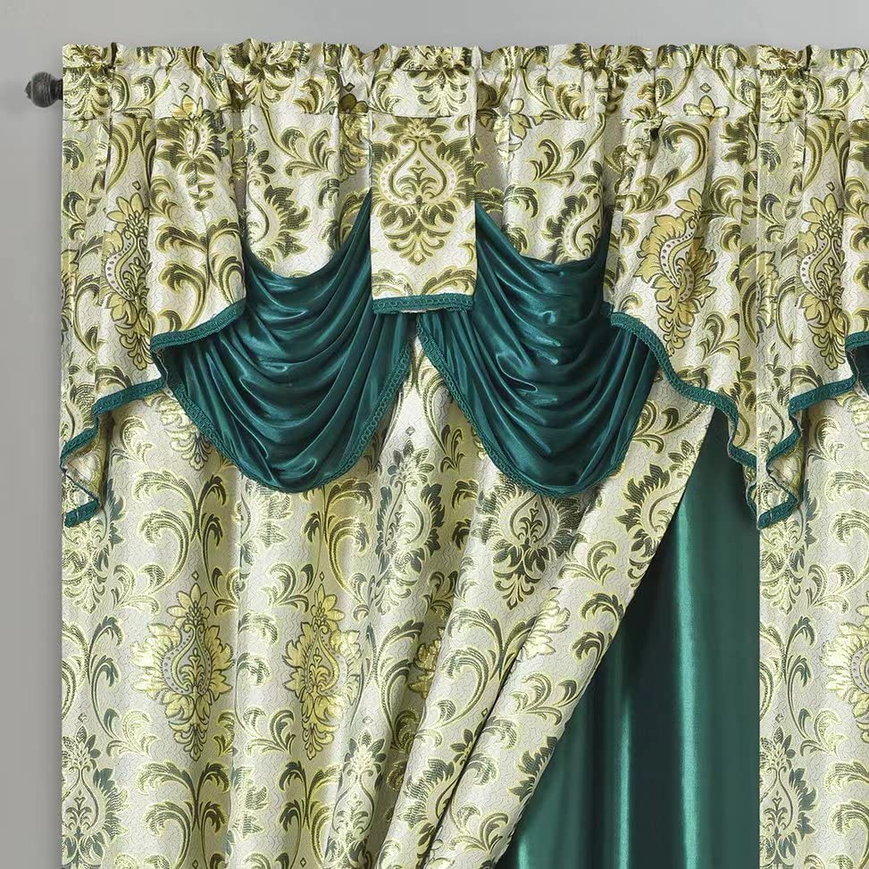 GOHD Samba Star. Jacquard Window Curtain Panel Drape with Attached Fancy Valance and taffeta backing. 2pcs Set. Each pc 54" Wide x 90" Drop with 18" Valance. (HUNTER GREEN) - Image 4