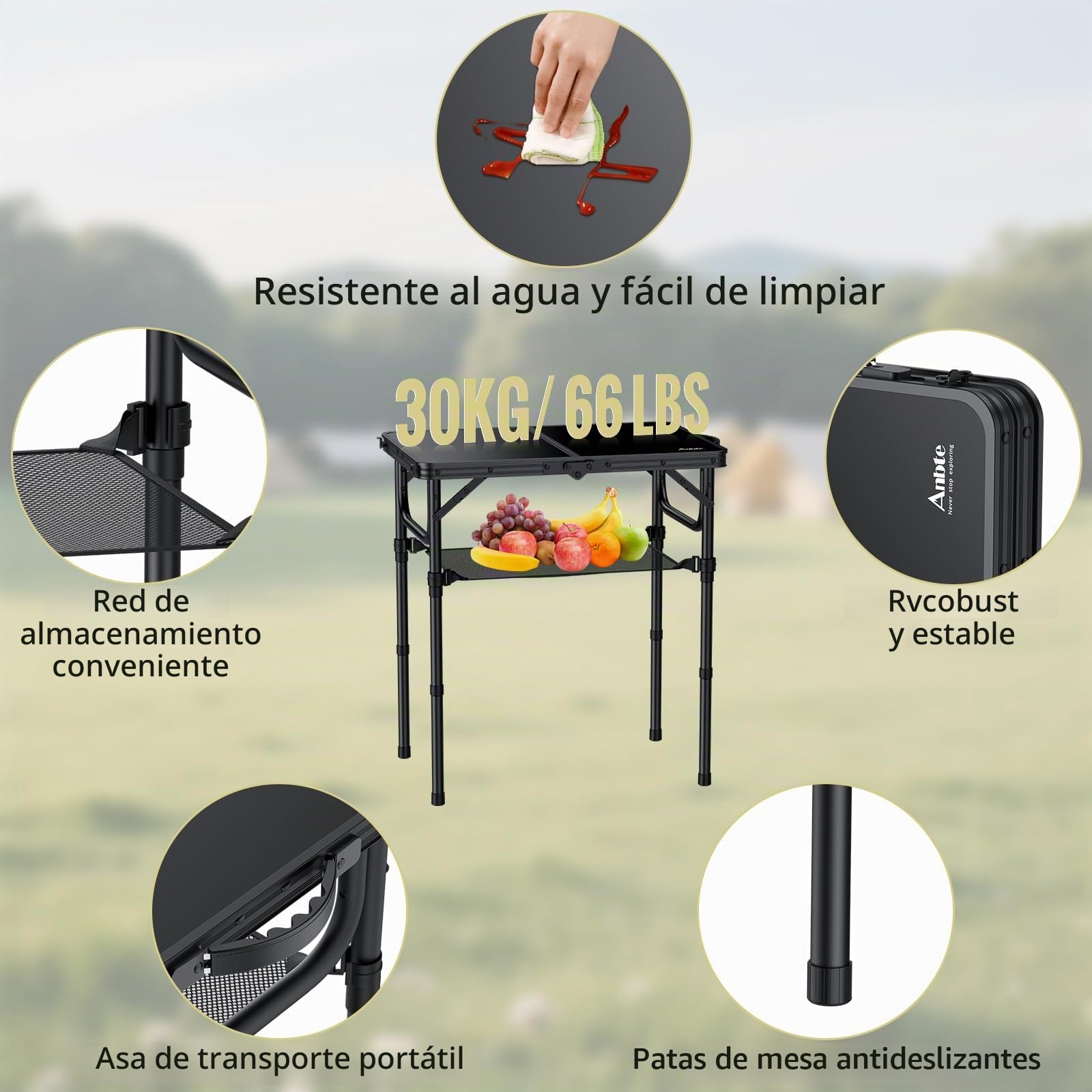 Anbte Mesa Plegable de Camping 58x40x26/48/67cm con Red de Almacenamiento | Mesa Plegable Aluminio de 3 Alturas Ajustables, Ligera y Portátil, para Camping, Pesca, Picnic, Playa,Exterior,Negro