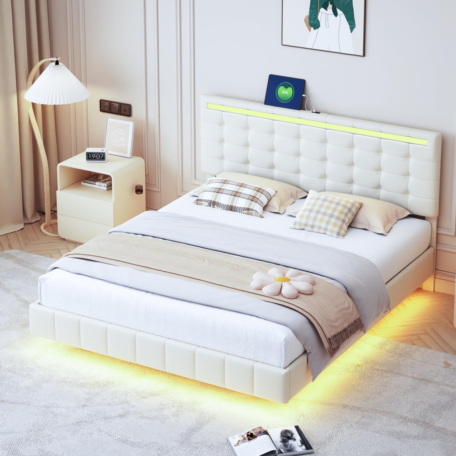 PerGar Cama tapizada 160x200 cm, Marco de Cama somier Flotante Acolchado con Luces diseño de cabecero, hidráulico con Espacio de almacenaje, Multifunción con Toma USB y luz LED, Lino (Beige, 160x200)