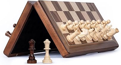 Papa Bear Magnetic Chess Board Game Set – Foldable Wooden Look Brown & White Chess Set with Magnetic Pieces for Kids & Adults, Portable Travel Strategy Game | Size 12x12 Inches