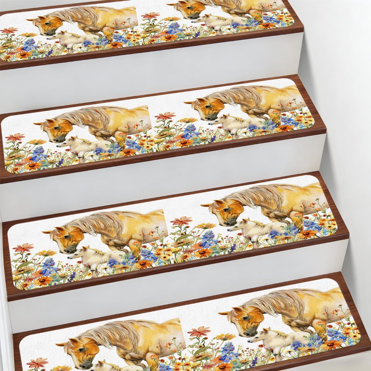 Alfombra para escaleras de 7.8 x 30 pulgadas Mexpekil con diseño de caballo y flores