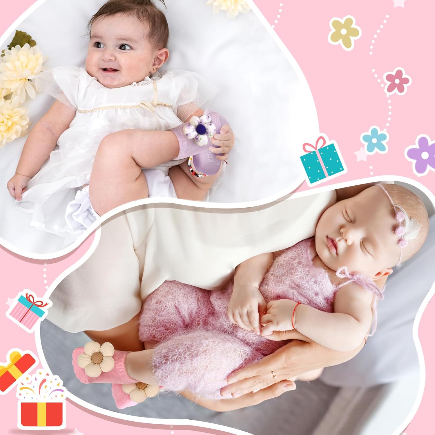 4 Pairs Baby Girl Socks,Flower Non Slip Socks for Newborn Preemie Infant Cute Princess Dress Ankle Sock - Image 6