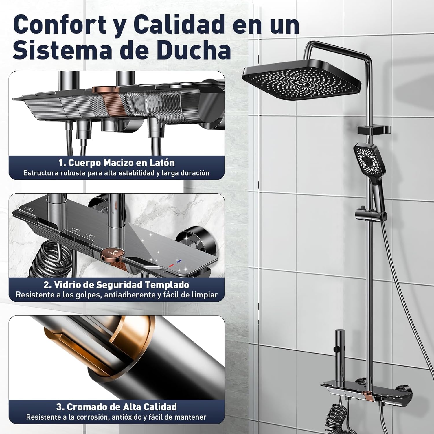 Columna Ducha con Grifo, Panel Control Piano 4 Modos y Altura Ajustable, Cabezal de Ducha XL estilo Lluvia, Ducha de Mano, Rociador auxiliar y Grifo Cascada, Grifo Ducha Termostatico Bañera