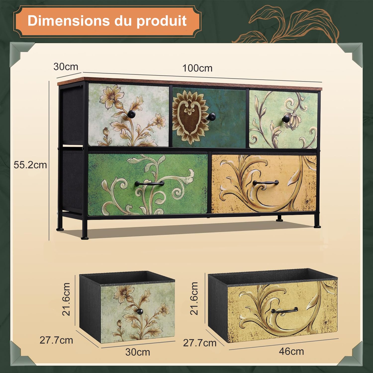Comò camera da letto con 5 cassetti, design industriale, con piano in legno e cassetti retrò. Perfetto per cassettiera per bambini, mobile portaoggetti camera da letto e mobile industriale legno