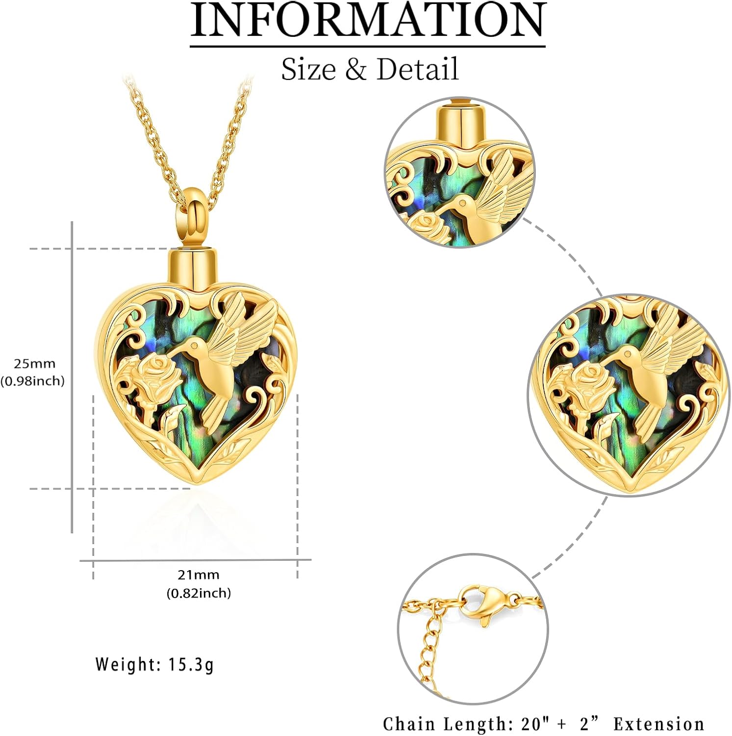 shajwo Cremation Jewelry Abalone Shell Hummingbird Heart Urn Necklace for Ashes for Women Men Memorial Human Ashes Pendant - Image 2