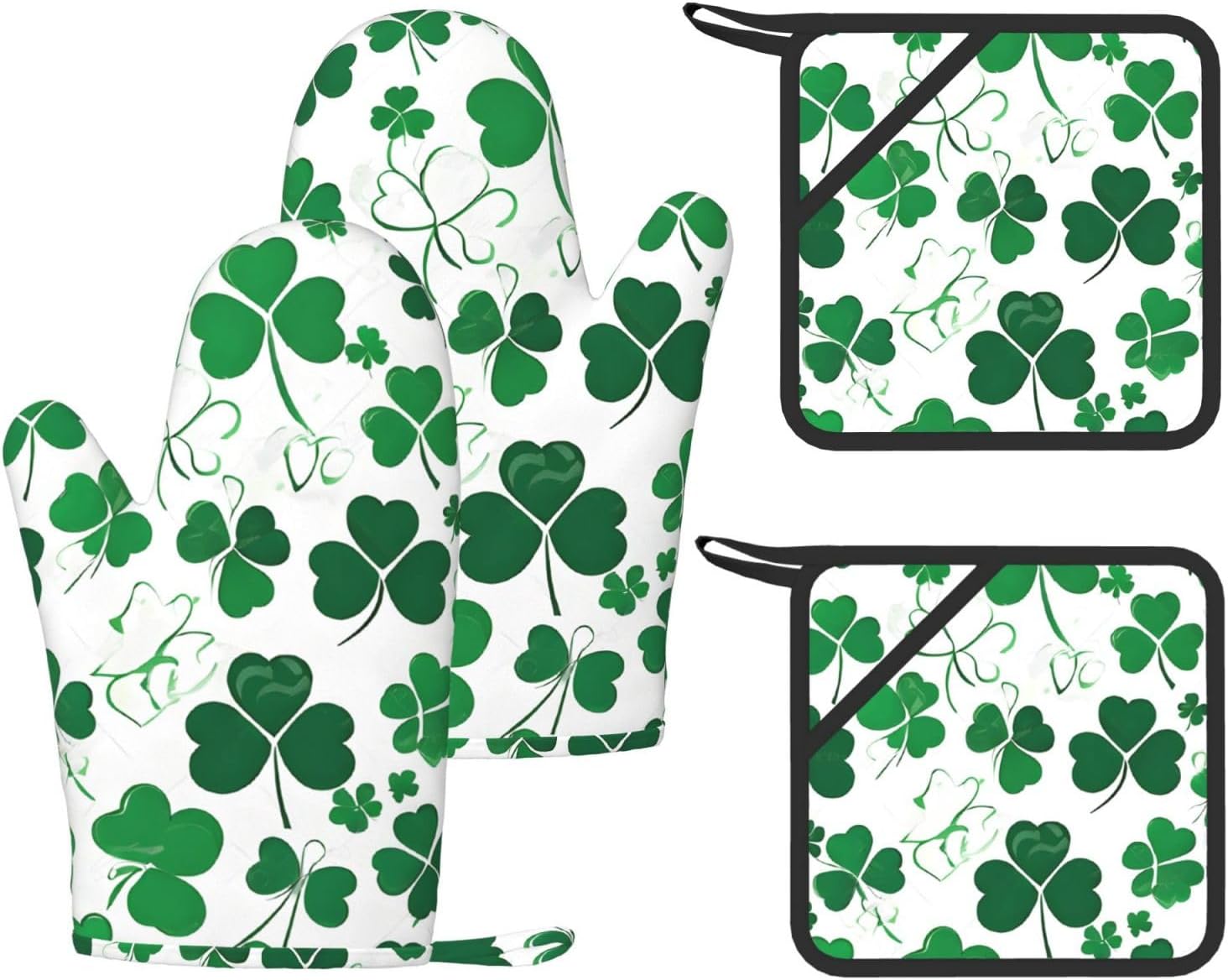 Happy St Patrick's Day 4pcs Oven Mitts and Pot Holders Sets for Kitchen, Silicone Oven Gloves Non-Slip Potholders Hot Pads for Baking Cooking