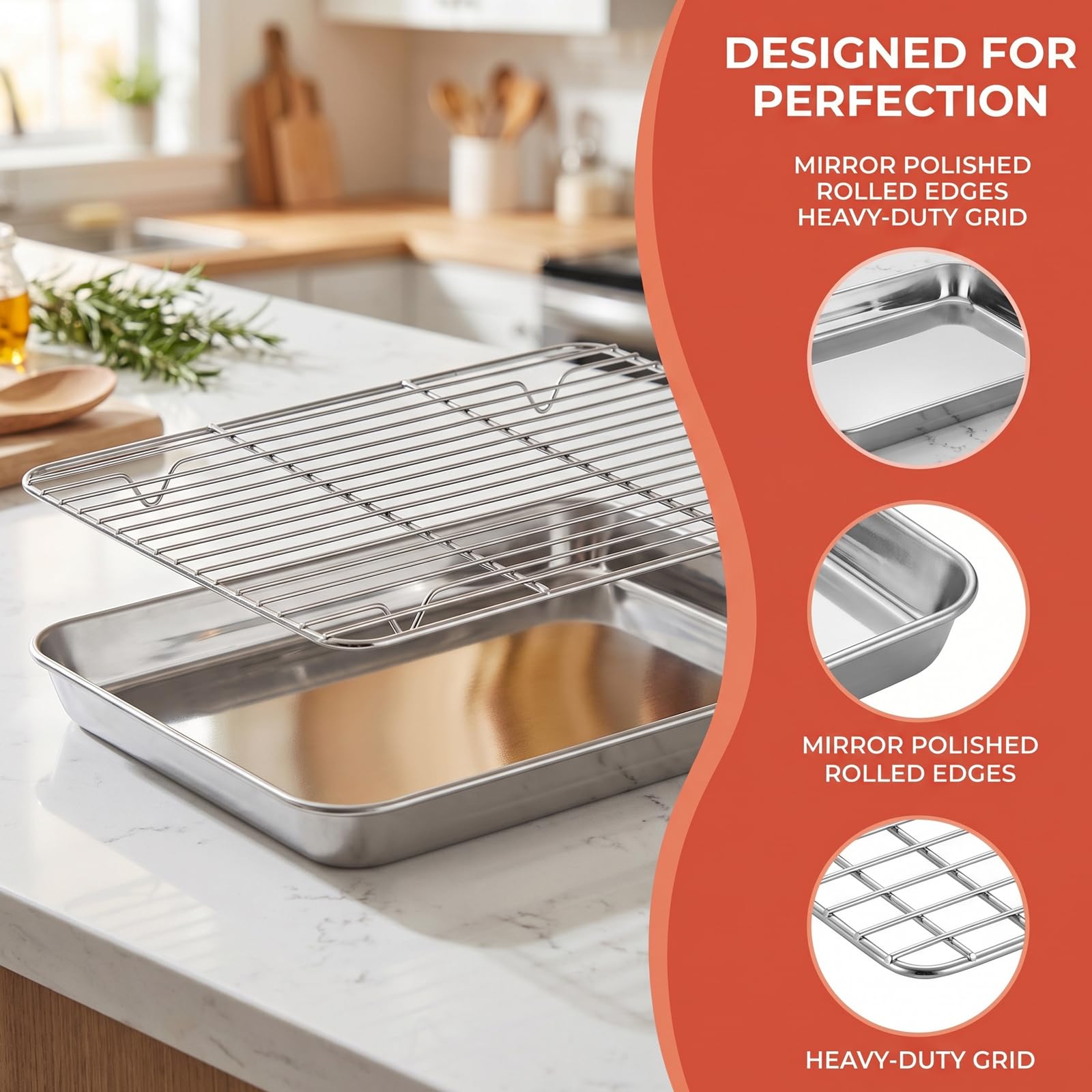 Teglia da forno con griglia di raffreddamento, 40,5 x 30,5 x 2,5 cm, in acciaio inox, superficie lucida, rettangolare, con griglia per torte, per cottura e cucina, argento