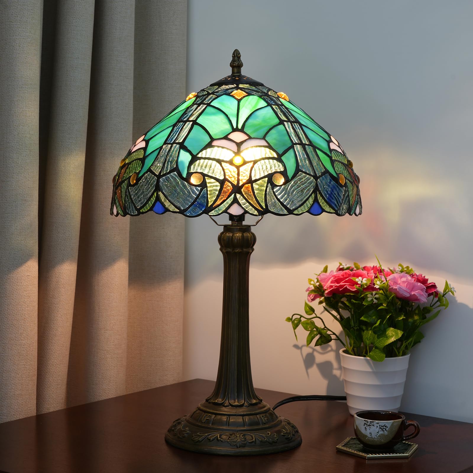 Lampa Tiffany w stylu Green Liaison, witrażowa lampa stołowa, zabytkowa lampa stołowa z metalową podstawą, lampa do czytania na biurko do salonu, sypialni, baru, sztuki i rzemiosła