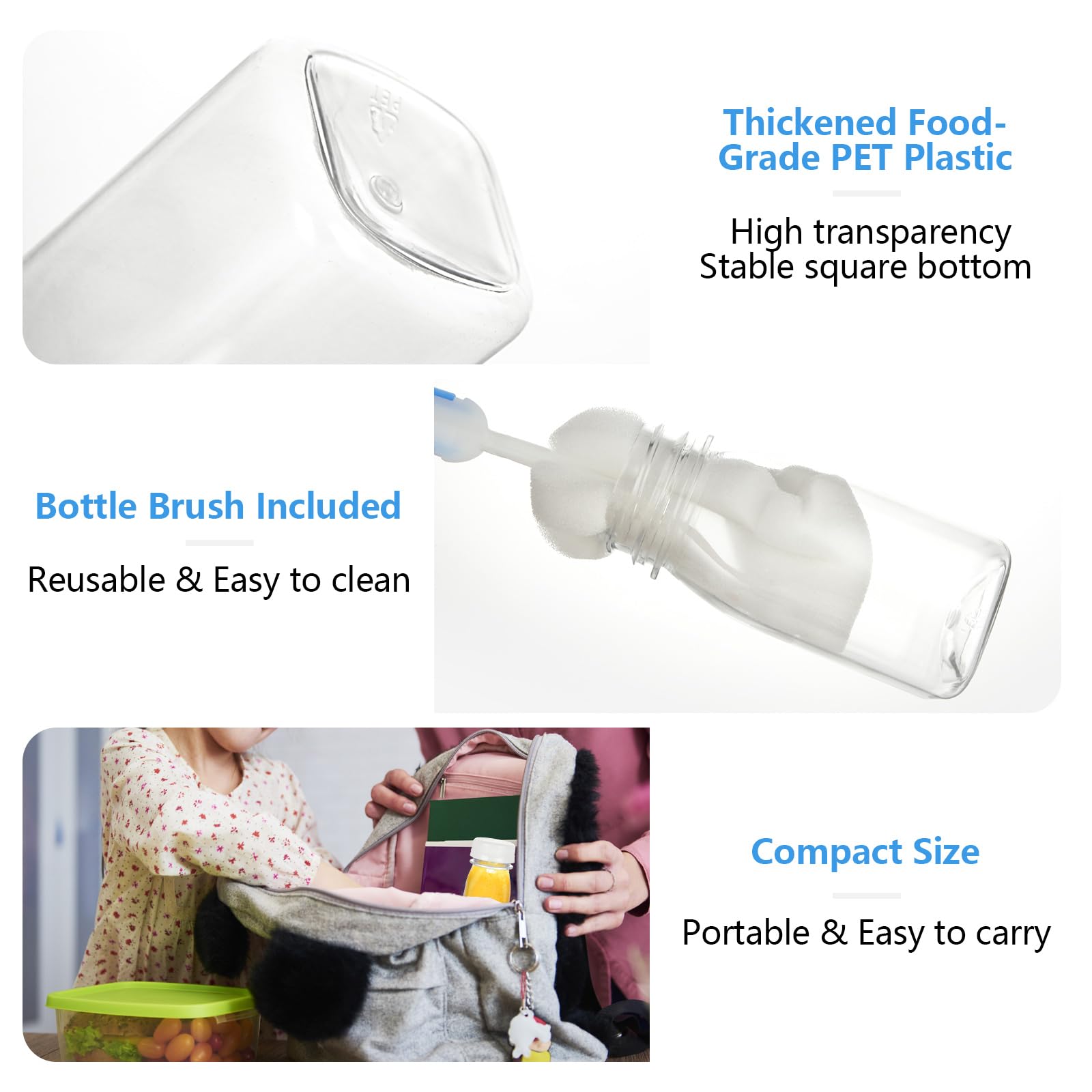 SENENQU Confezione da 30 piccole bottiglie di plastica da 120 ml, con coperchio, trasparenti, con imbuto e pennello, bottiglie vuote per frullati, per bevande al latte, acqua
