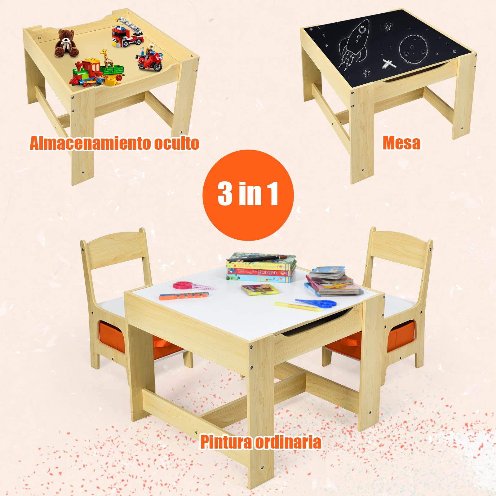 GOPLUS Juego de Mesa y 2 Sillas Infantil 3 en 1, Grupo de Asientos y Escritorio con Pizarra para Niños, Mueble Infantil con Cajon de Almacenamiento Que Ahorra Espacio, Madera, Naranja (Naranja)