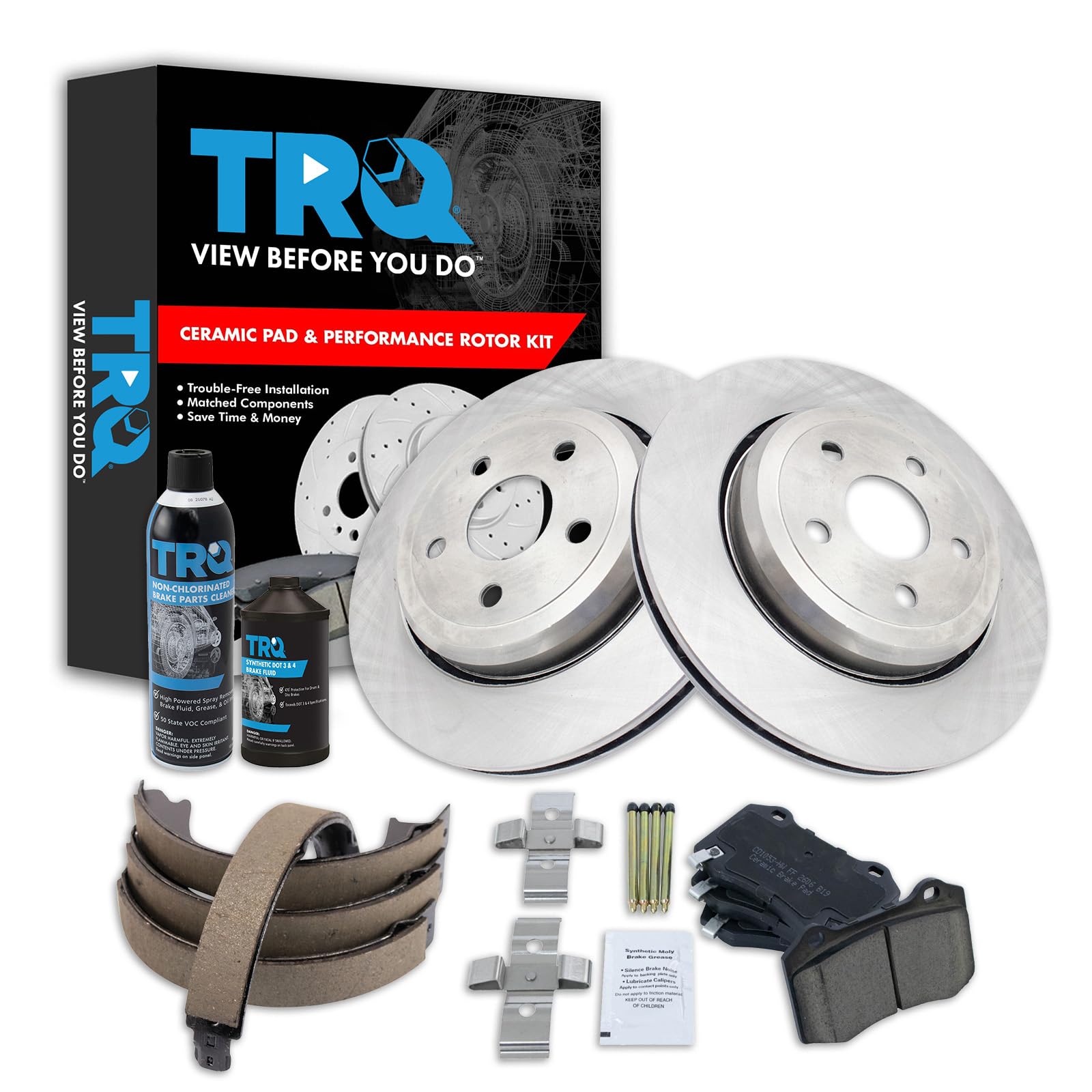 TRQ Rear Brake Pad &amp; Rotor Kit, with Chemical Kit Parking Brake Shoe Set Ceramic Compatible with 2018-2019 Dodge Durango 2012-2019 Jeep Grand Cherokee