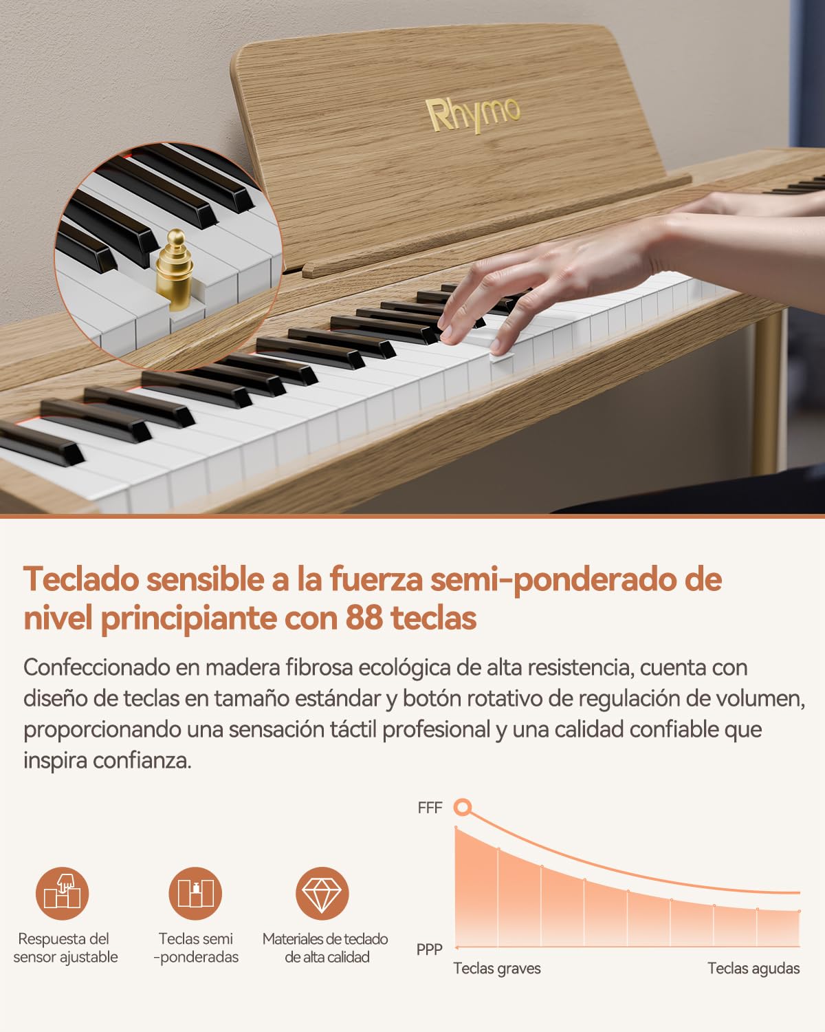 Rhymo Teclado Digital 88 Teclas Semipesado para Principiantes | Piano Eléctrico con Bluetooth Audio/MIDI, Altavoces 20W, Triple Pedal y Soporte – Color Madera