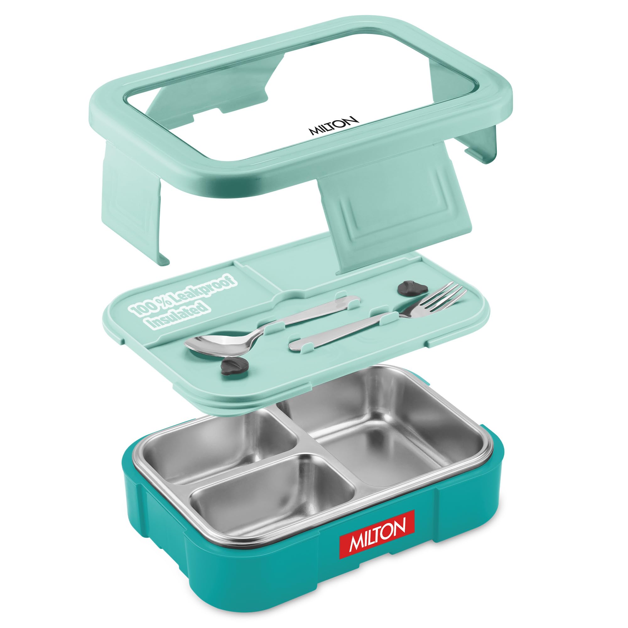Milton Ethan 3 Inner Stainless Steel Tiffin Box for School, 3 Partition, Steam Release Plug | PU Insulated, Leak-Proof, Food Grade I Lunch Box for Kids Boys, Girls with Snap Lock Lid,600 ml,Aqua Green-image-8
