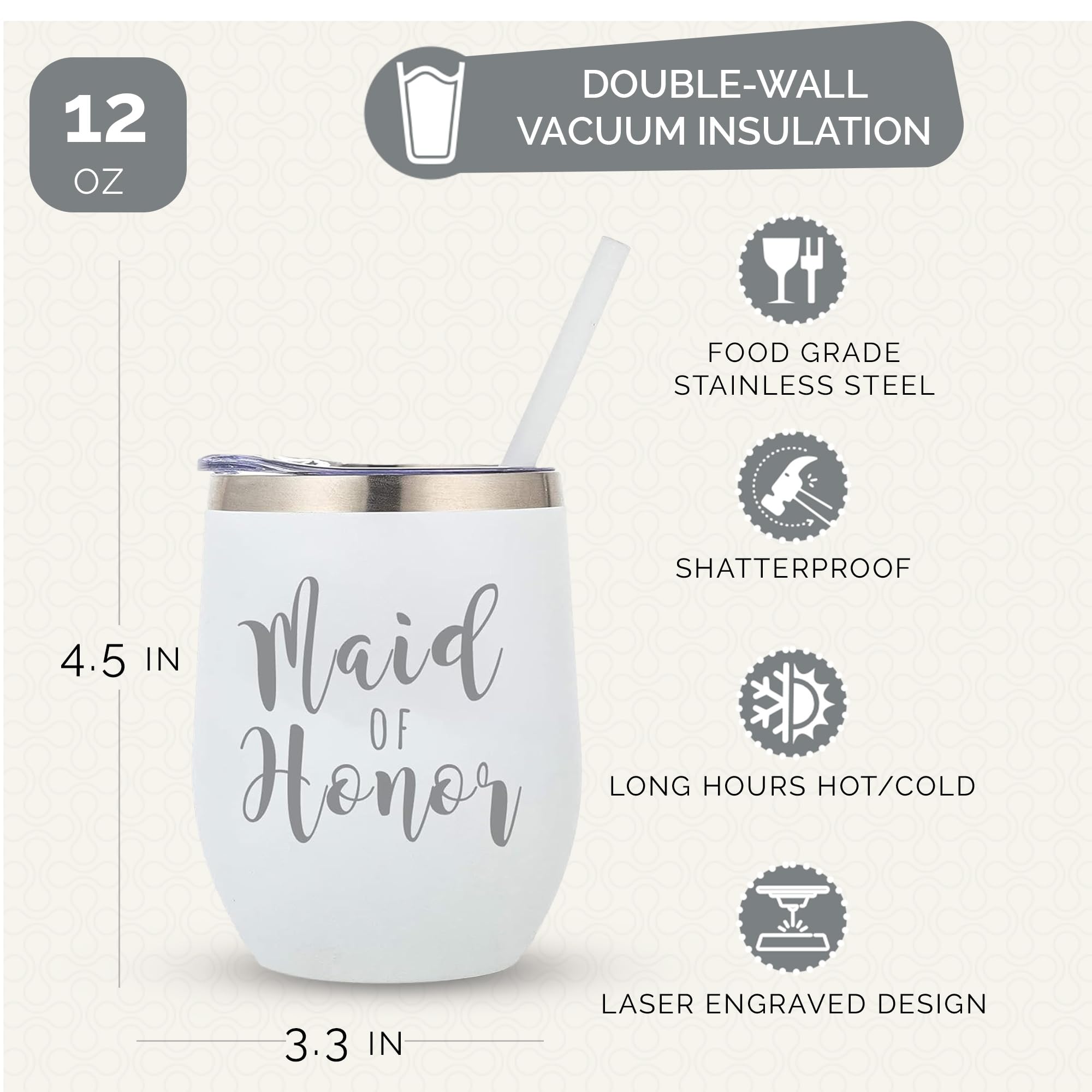 Your Dream Party Shop Maid of Honor Tumbler, 12oz - White Stainless Steel Stemless Wine Cup, Proposal Gifts from Bride - Maid of Honor Gifts Proposal
