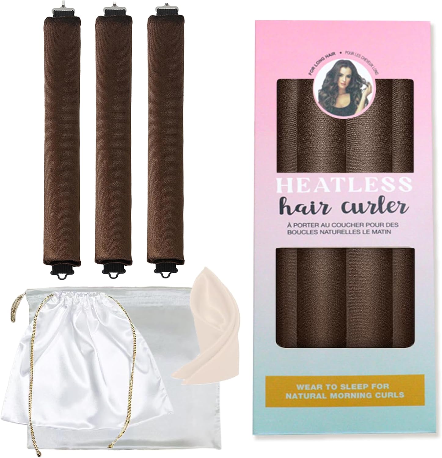 Moguri 3 Piece Heatless Hair Curler, Overnight Blowout Curls, No Heat, with Luxury Bag and Scarf, Curlers at Night for All Hair Types, Brown