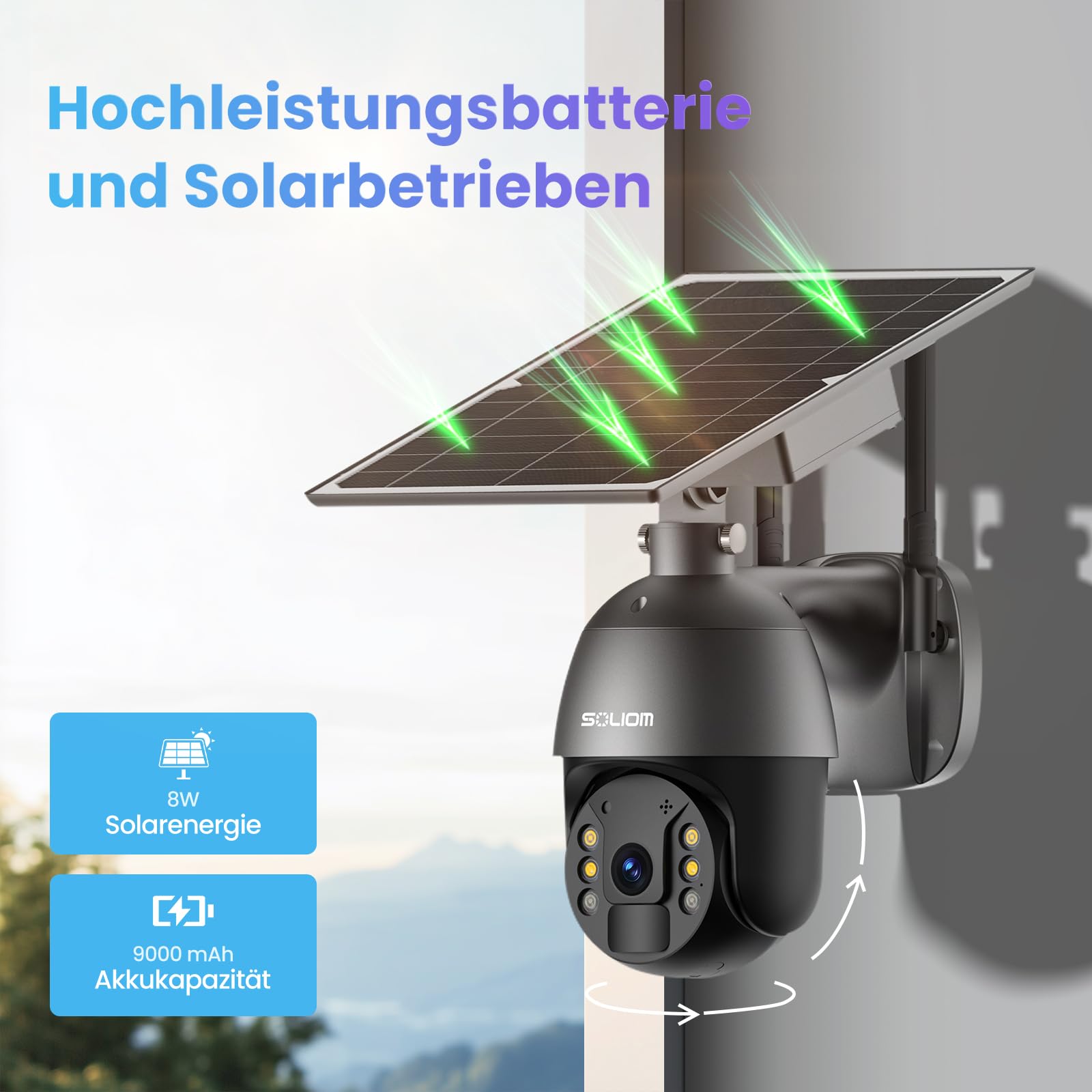 SOLIOM 4G LTE Überwachungskamera Aussen Solar mit SIM Karte, 2K HD Kamera Ohne WLAN Outdoor mit Akku, 360° Sicht & Automatische Verfolgung, Farb-Nachtsicht, Ideal für Garten, Bauernhof, Baustelle