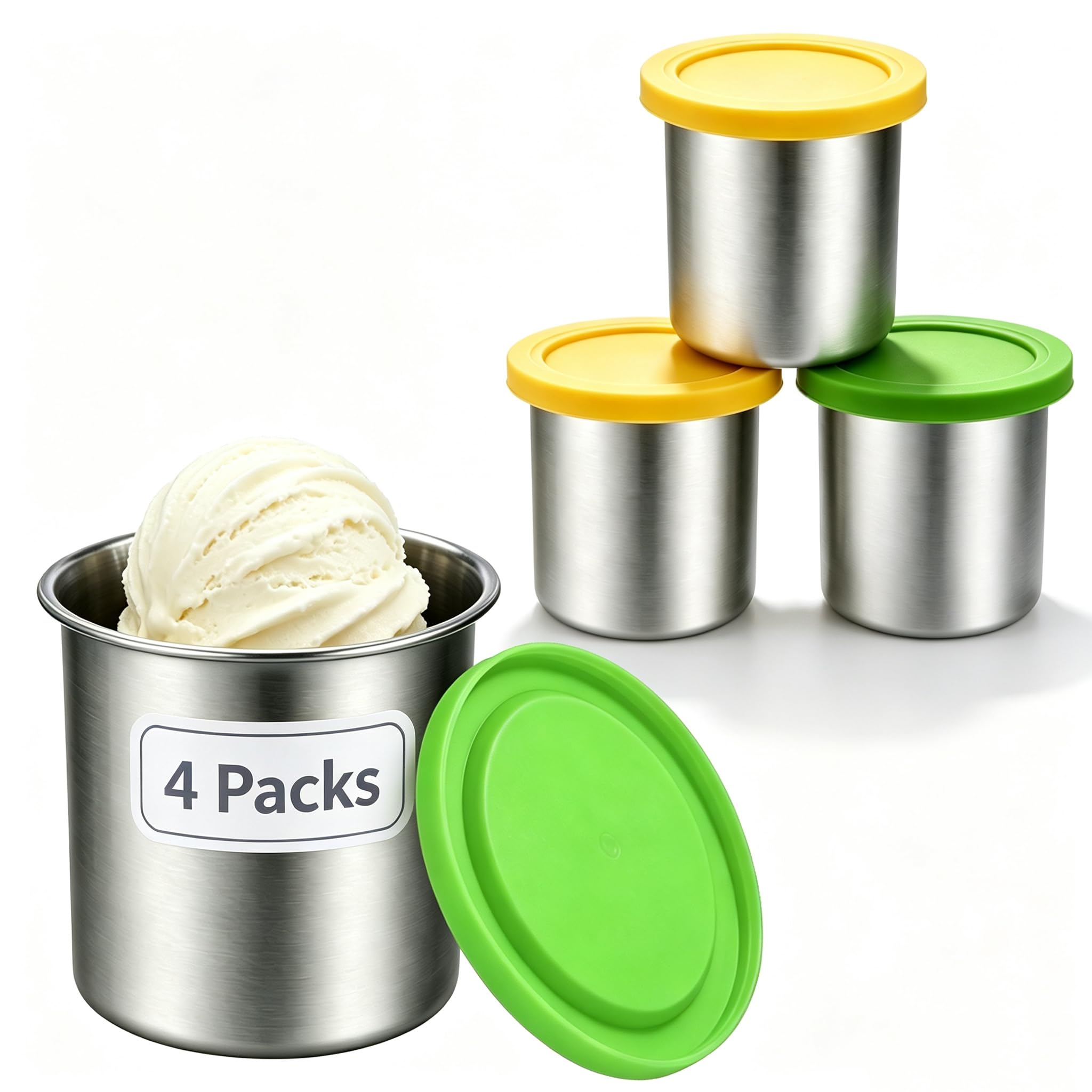 Lot de 4 Récipients en Acier Inoxydable de 473 ml Compatibles avec NC299AMZ, NC300, NC301, NC305A, Couvercle en Silicone, Boîte de Congélation Réutilisable pour Dessert et Conservation