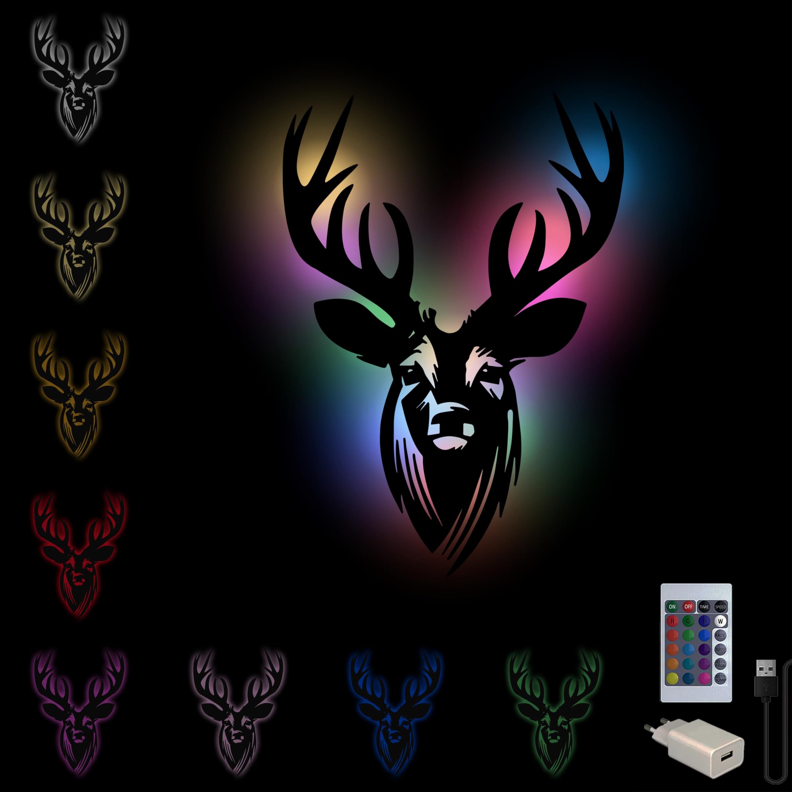 Namofactur® - Hirschkopf Wanddeko mit LED Beleuchtung, Schwarz lackiert oder unbehandelt – Warmweiße LED oder Farbwechsel-Licht (mit USB & Fernbedienung) – Hirschgeweih Deko – Größe XL (57 x 40 cm)