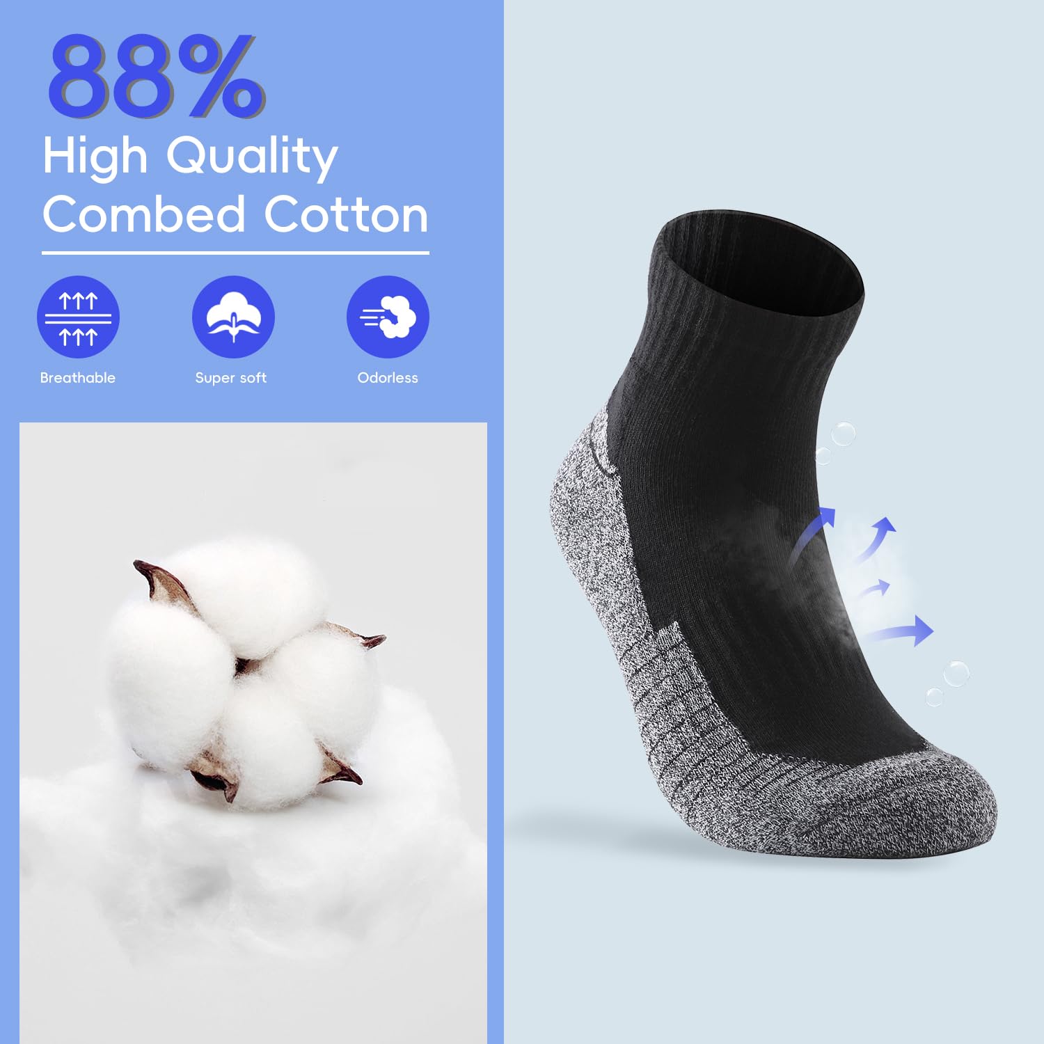 Begrily Lot de 6/8 paires de chaussettes de sport en coton épais pour homme - Chaussettes basses confortables pour la course à pied, le sport, le travail décontracté