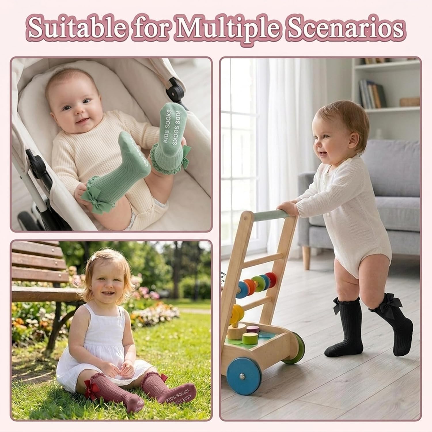Baby Girl Knee High Socks with Bows Non Slip Ruffle Dress Socks | 5-pack seamless cotton princess dress socks, beautifully fitting growing infants and toddlers from 0 months to 3 years.