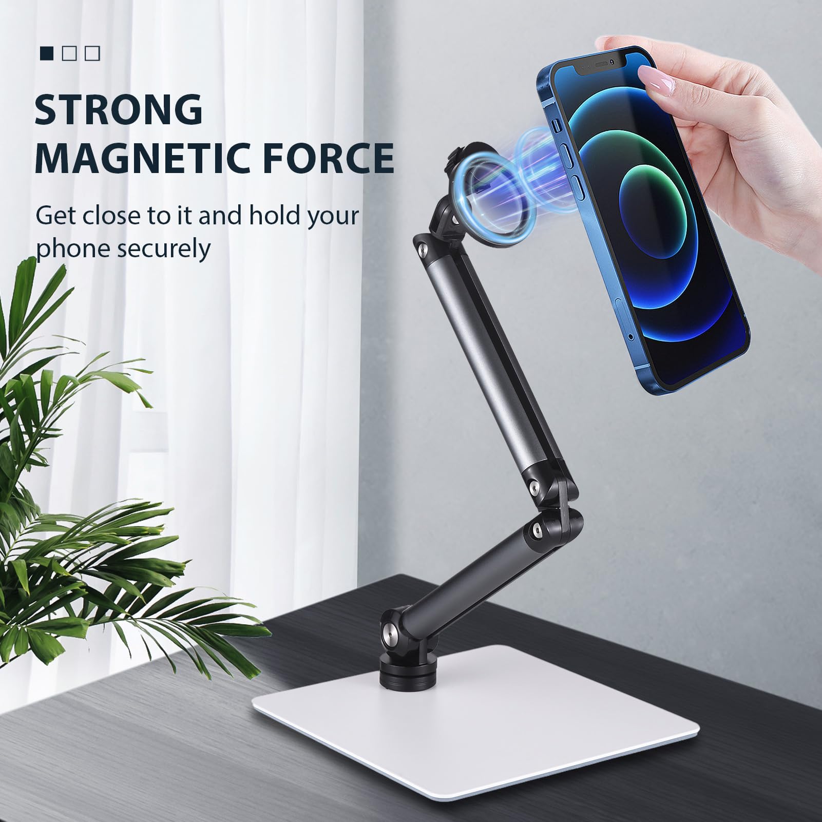 Soporte magnético para teléfono para Escritorio Soporte magnético Giratorio de 360° con Brazo articulado Flexible y Base Grande para la mayoría de transmisiones de teléfonos