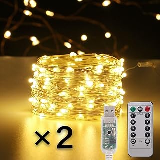 2 Pack 33ft 100 LED Twinkle Fairy String Lights,8 Modes USB Powered with Remote Control Timer Waterproof,Copper Wire Starry Lights for Christmas Bedroom Patio Wedding Decoration,Warm White