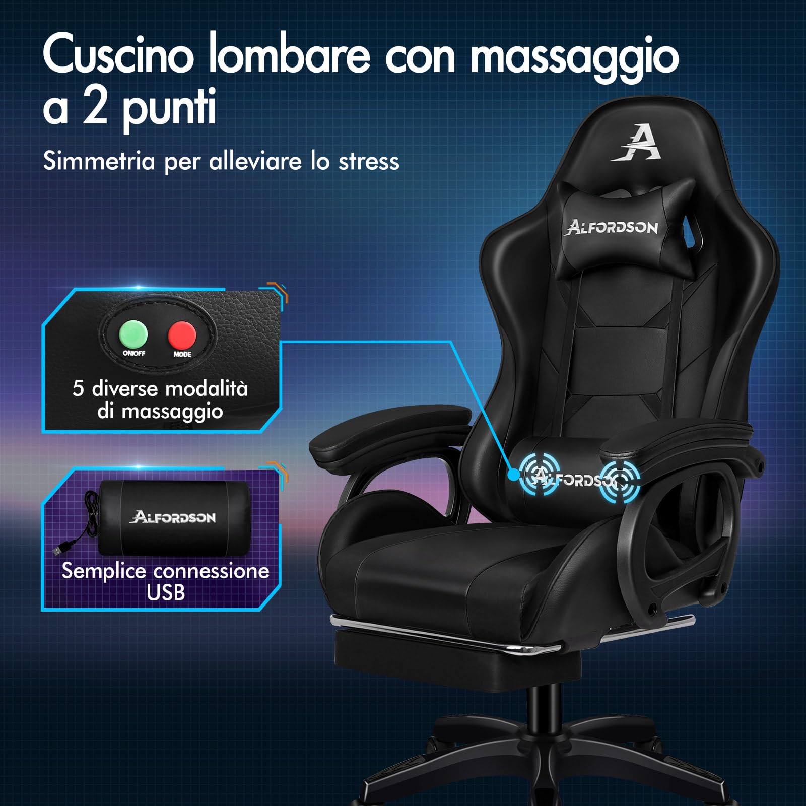 ALFORDSON Sedia da Gaming Massaggiante con Poggiapiedi Telescopico, Sedia Gamer con Cuscino Lombare & Poggiatesta, Ergonomico Sedie da Ufficio Schienale Regolabile 90-150°, Similpelle(Nera)