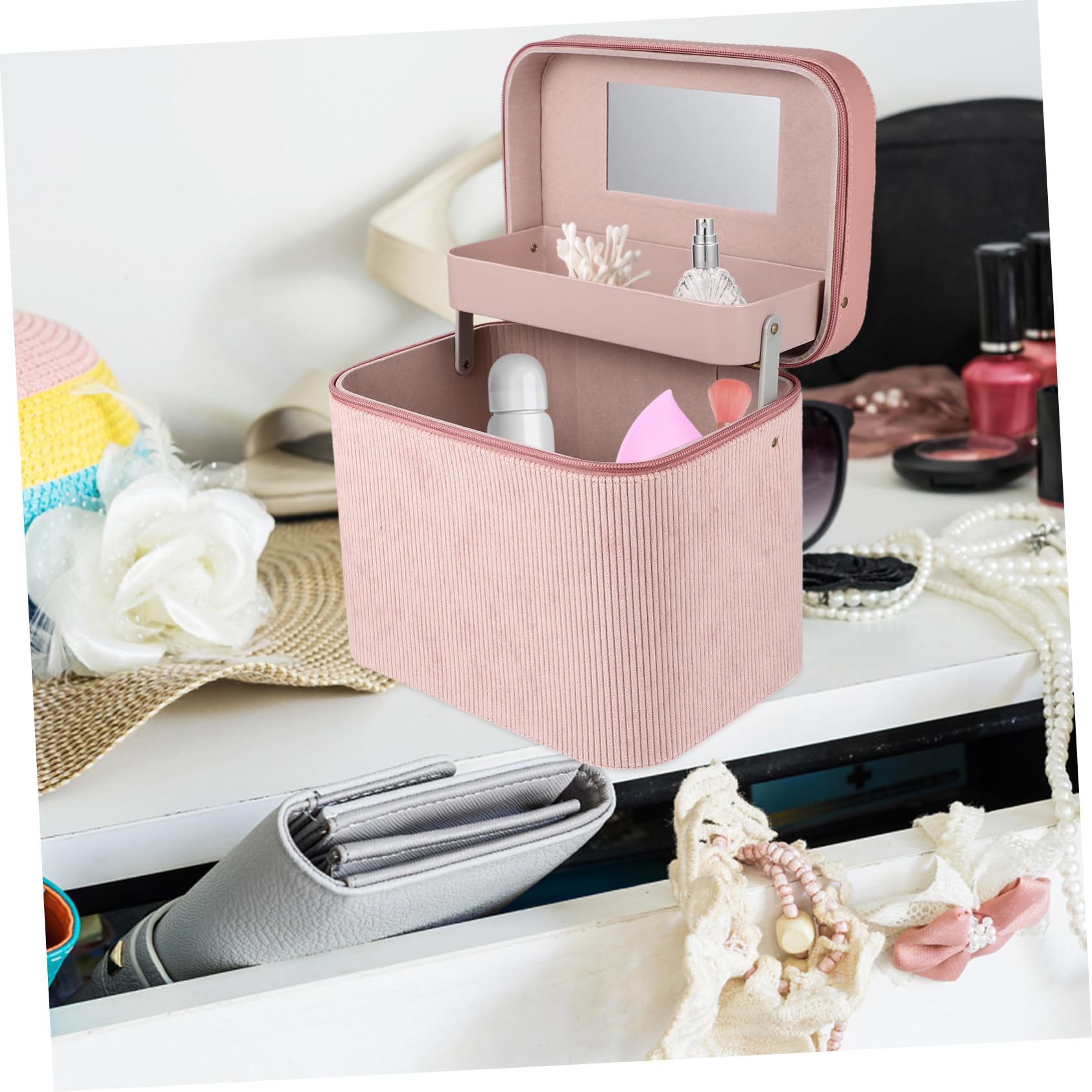Homoyoyo Trousse de Maquillage Suspendue Double Compartiment Sac de Toilette Portable Similicuir Étui de Rangement pour Cosmétiques et Produits de Soin