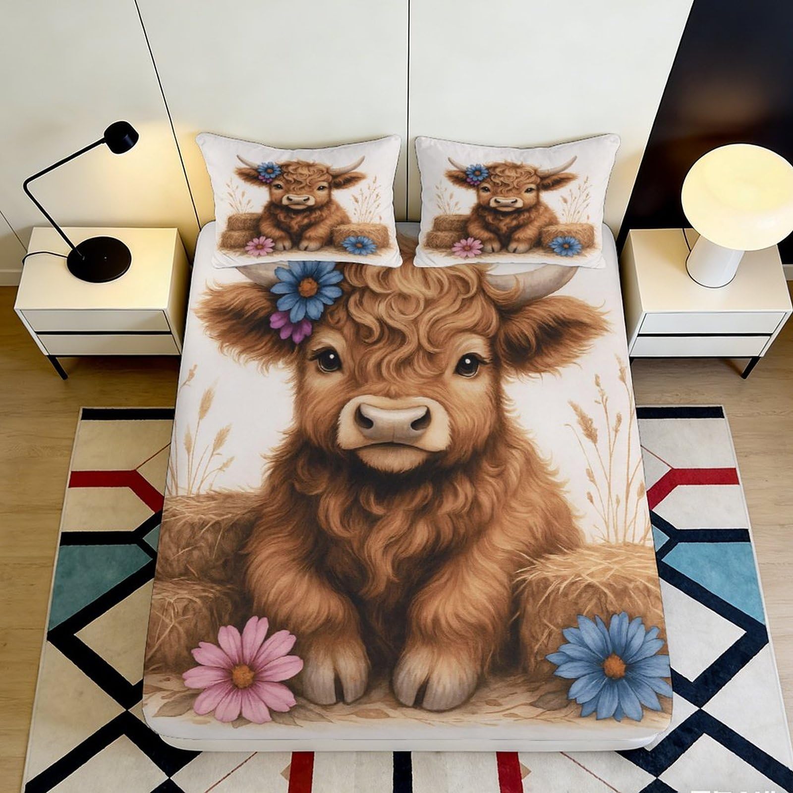 Uynsixtme Style-7 3D Printed Cute Cow Fitted Sheet Microfiber Deep Pocket Bedroom Bedding Adult Cow Mattress Fitted Cover Non-Slip Full Wrap Washable 140X200x25cm