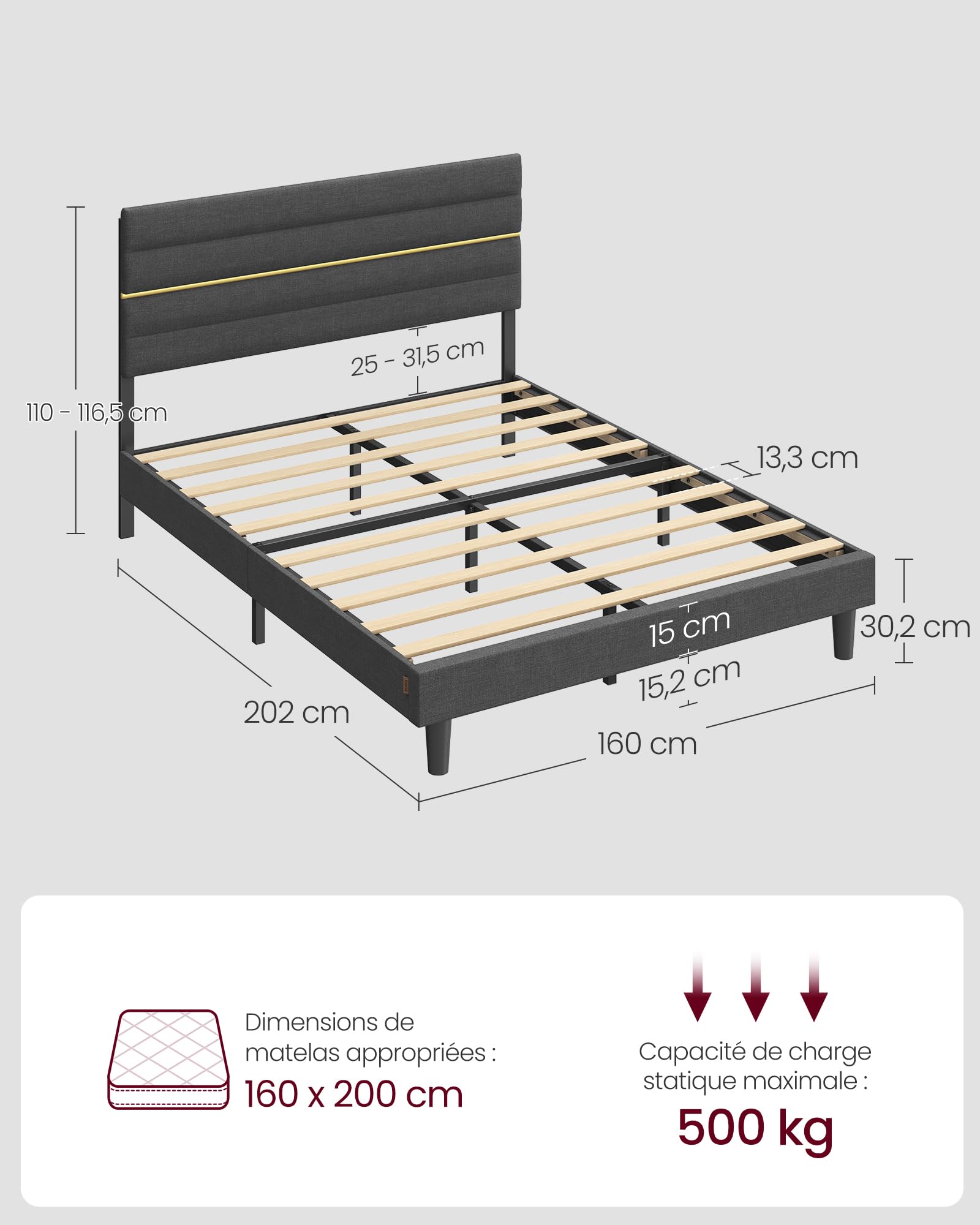 VASAGLE Lit Double, Cadre de Lit, Convient pour Un Matelas de 160 x 200 cm, Tête de Lit Rembourrée Ajustable, en Métal, Bois Massif, Moderne, Gris Ardoise RMB505G01