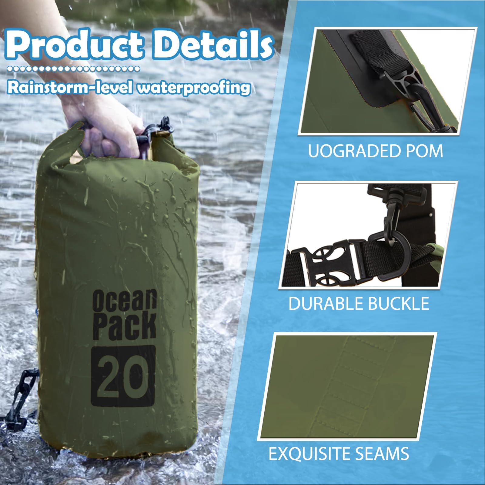 15L Sac étanche Polyvalent Vert Sauge, Waterproof Dry Bag avec Bandoulière Réglable pour Bateau Kayak Camping