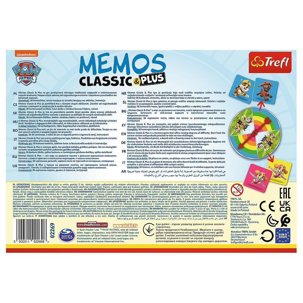 Trefl - Memos Classic & Plus, PAW Patrol - Edukacyjna Gra Pamięciowa dla Maluchów, Odnajdywanie Par Obrazków, Różne Warianty Zabawy, Tarcza Losująca, Gra Memory z Bohaterami Bajki dla Dzieci od 3 lat
