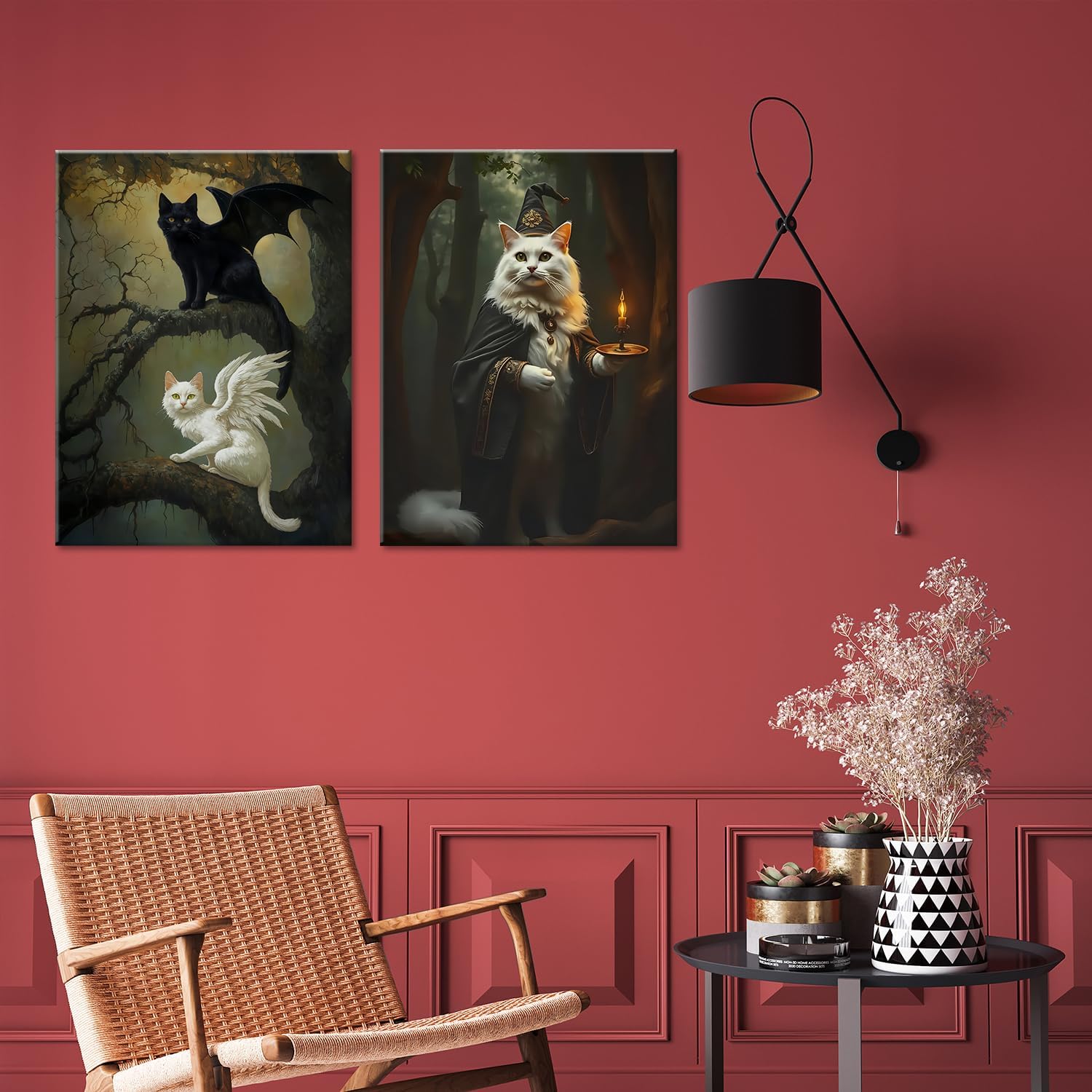 ouiytws Mystical Fantasy Cat Wall Art，Gothic Black Cat with Bat Wings & White Wizard Cat Canvas Prints，Dark Forest Pictures，Mystical Witchcraft poster，Gothic Home Decoration，Framed12 x 16In x 2