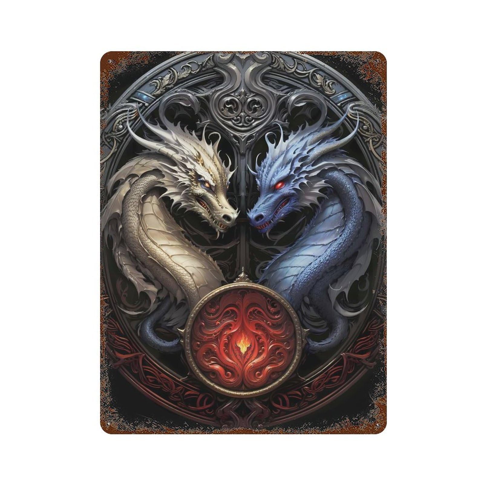 Twin Dragon Art Deco Retro Metal Sign 15.7"x11.8", for Bistro, Counter And Cafe Decor, Rustic Home Decor