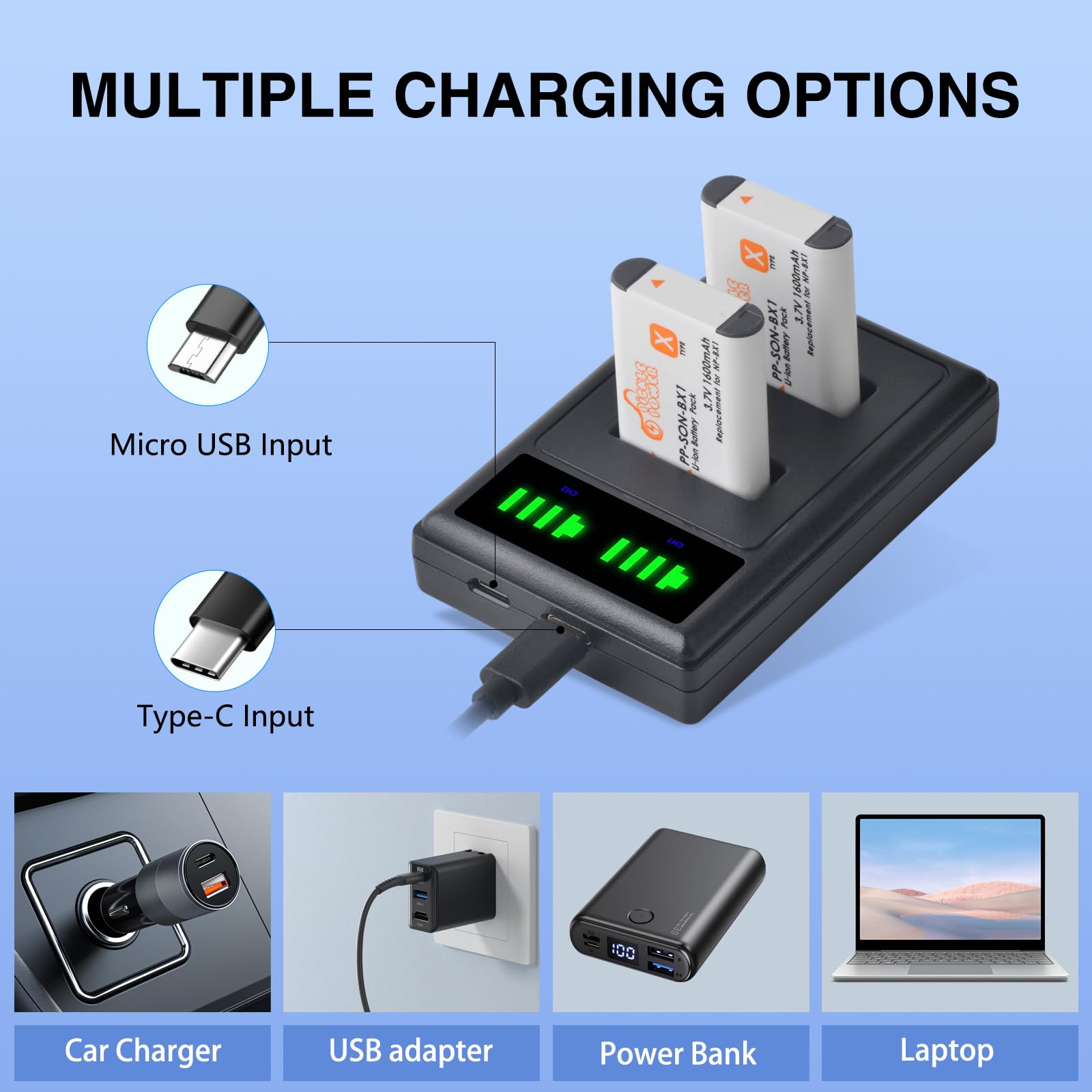 Pickle Power 2 unidades de batería NP-BX1 y cargador de 2 canales. Compatible con Sony NP-BX1, ZV-1, ZV-1 II, Cyber-Shot DSC-RX100, DSC-RX100 VII/VI/V/IV/III/II/VA (M7-M2), HDR-CX405, FDR-X3000, HX300