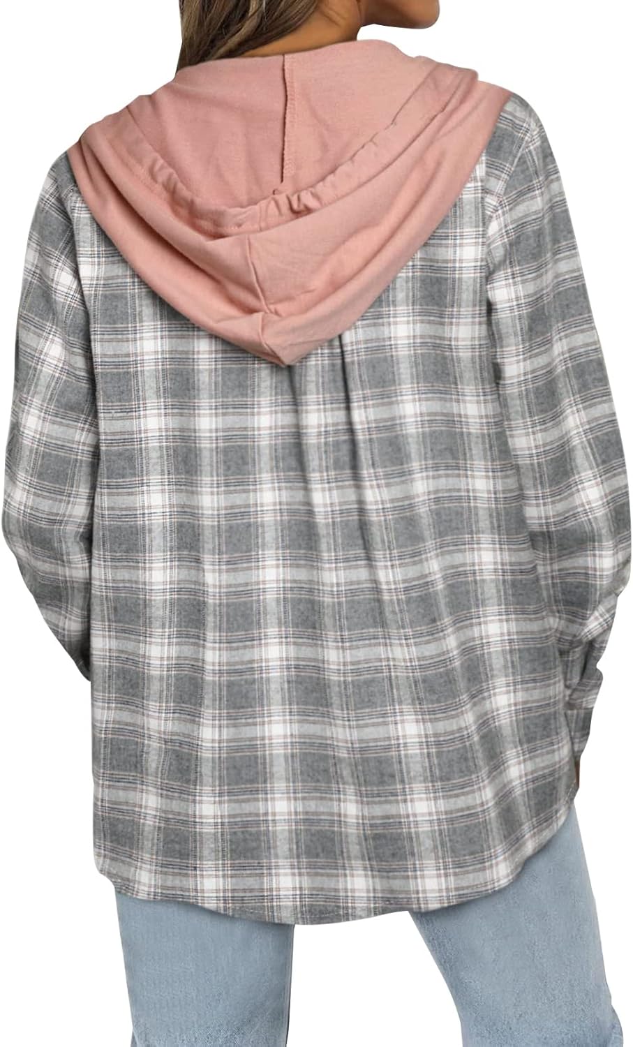 Women Plaid Hooded Shirt Drawstring Flannel Sweatshirt Hoodie Jacket Casual Button Down Blouse Tops with Pocket - Image 2