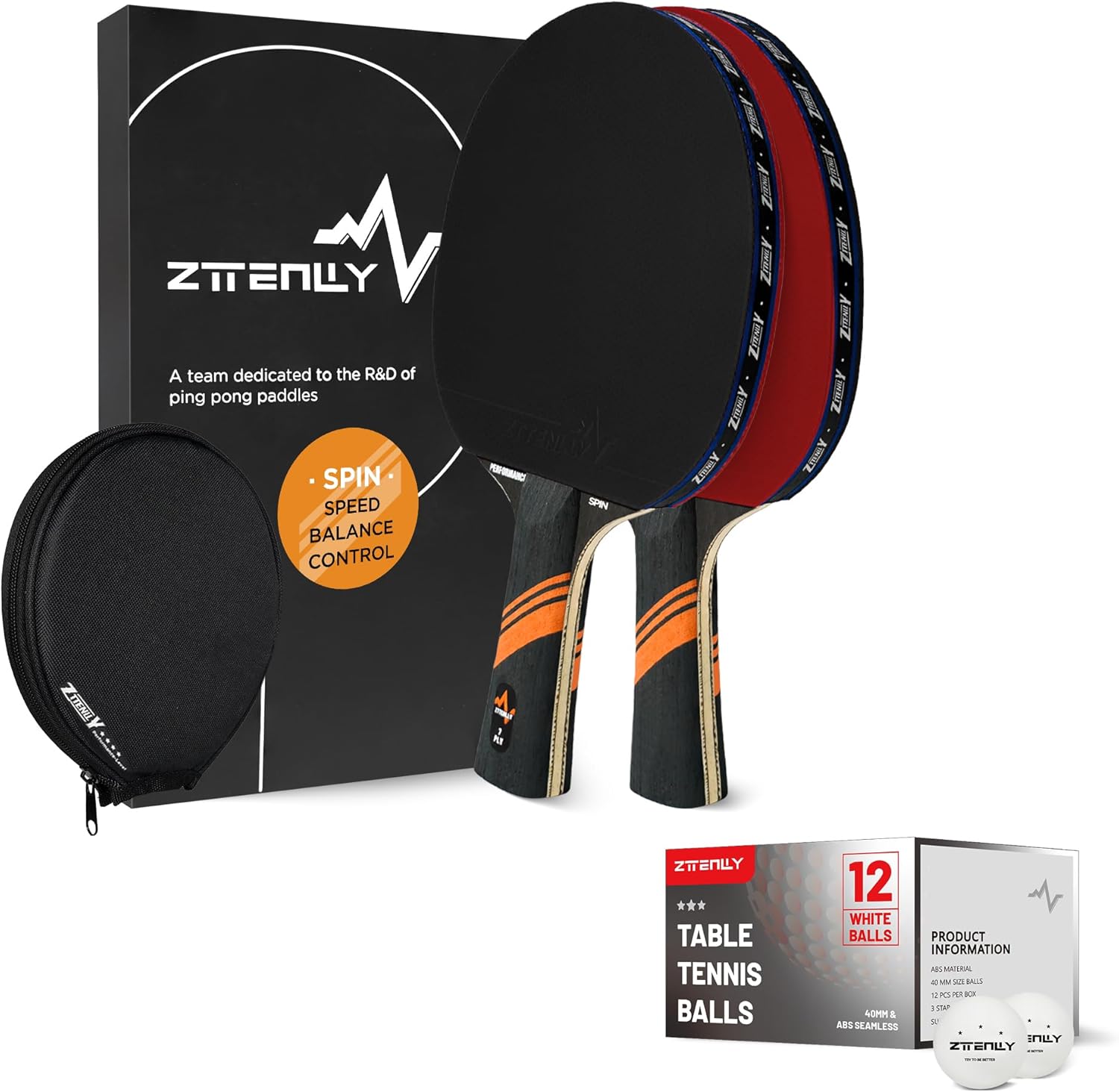 Carbon Technology Ping Pong Paddle(2) & Ping Pong Ball(12) Bundle | Performance-Series | 7-Ply Blade | Expert Edge | 3-Star Ping Pong Balls | Thicker Protector Case