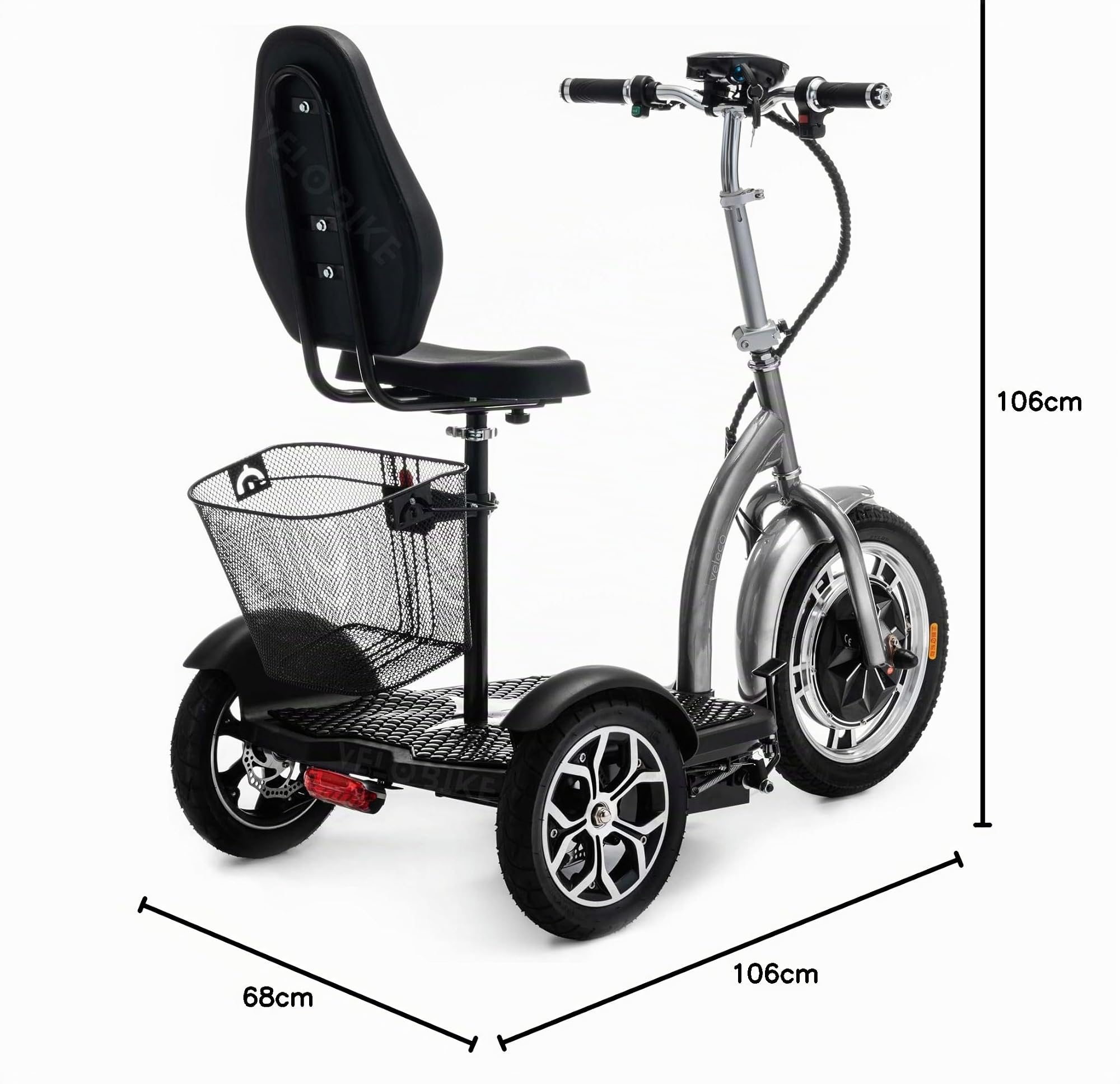 VELECO ZT16 - Véhicule de mobilité 3 roues - Entièrement assemblé et prêt à l'emploi - Grandes roues - Facile à manœuvrer - Freins avant et arrière - Panier à provisions amovible (ARGENT)
