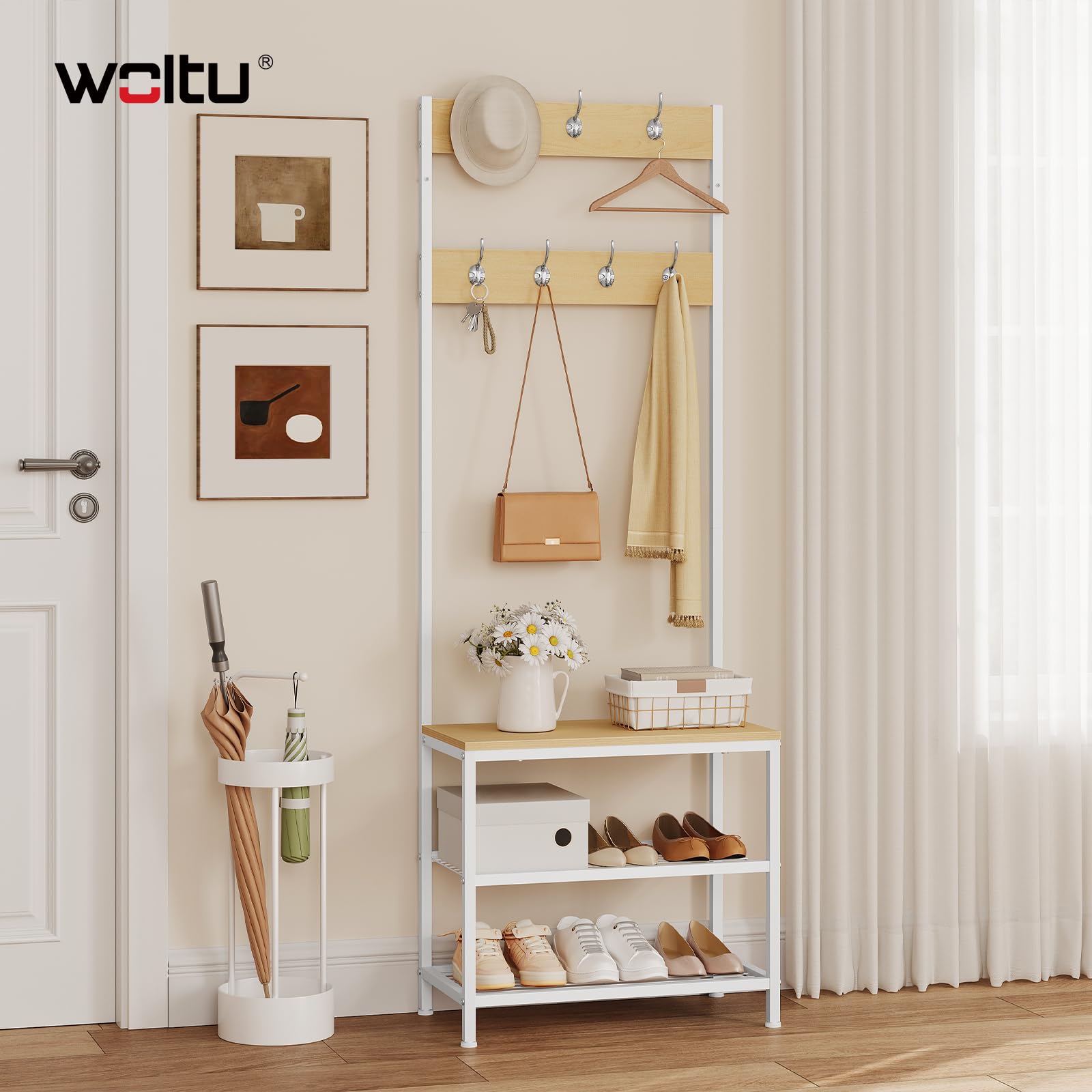 WOLTU Appendiabiti Panca Porta Scarpe 3 in 1, Scaffale per Scarpe a 2 Livelli con Sedile e 7 Ganci, per Corridoio/Ingresso, Metallo + Legno Ingegnerizzato, Bianco + Rovere Chiaro, 60x31,5x170cm