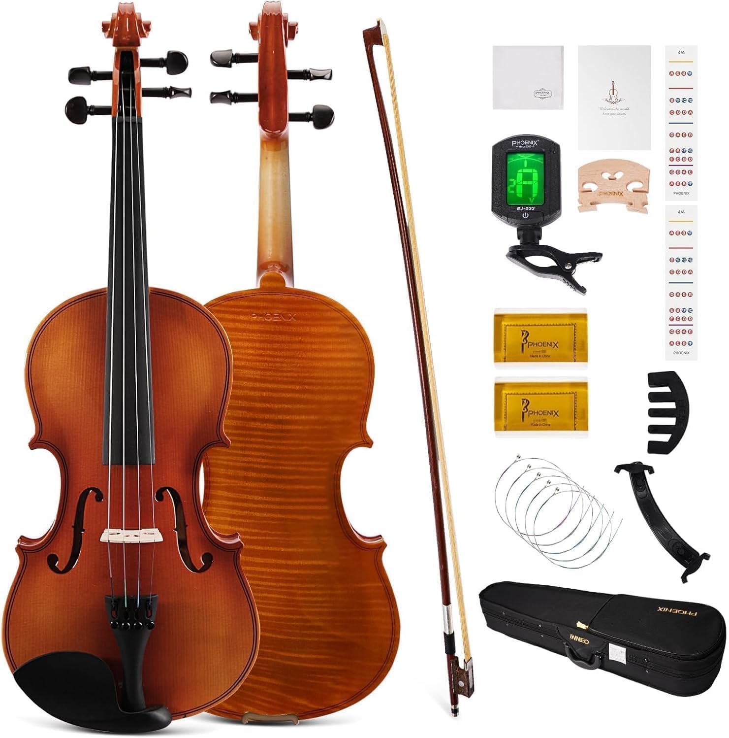 PHOENIX Violin 4/4 Full Size Kit, Violin Fiddle Set for Beginner Adults with Rosewood Bow Extra Strings & Bridge (Entry-level, Full)