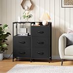 Somdot Table de chevet noire pour chambre avec station de recharge et LED Léger, large 5 Dressers Dresser avec des bacs en tissu et plateau ouvert pour les enfants de chambre Cabinet Dorm Chambre d'hôtes, Noir