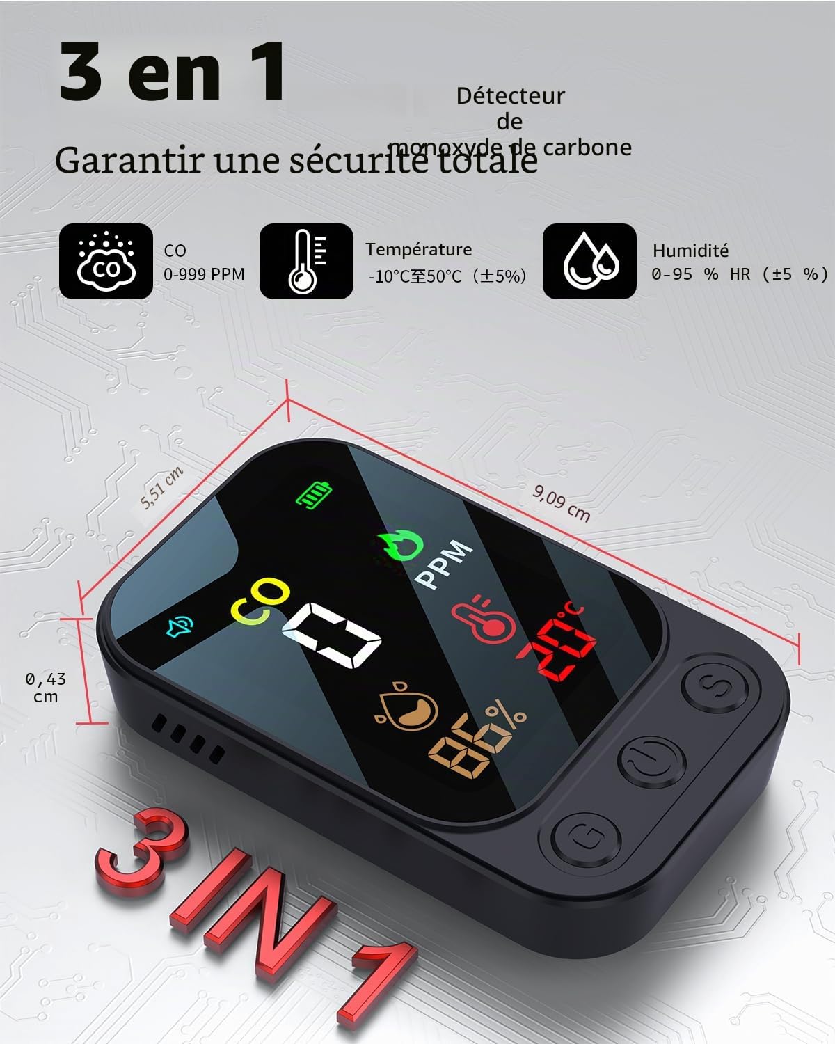 Détecteur de monoxyde de carbone portable 3 en 1, détecteur de monoxyde de carbone rechargeable avec affichage de la température et de l'humidité, portable pour la maison, la caravane, le