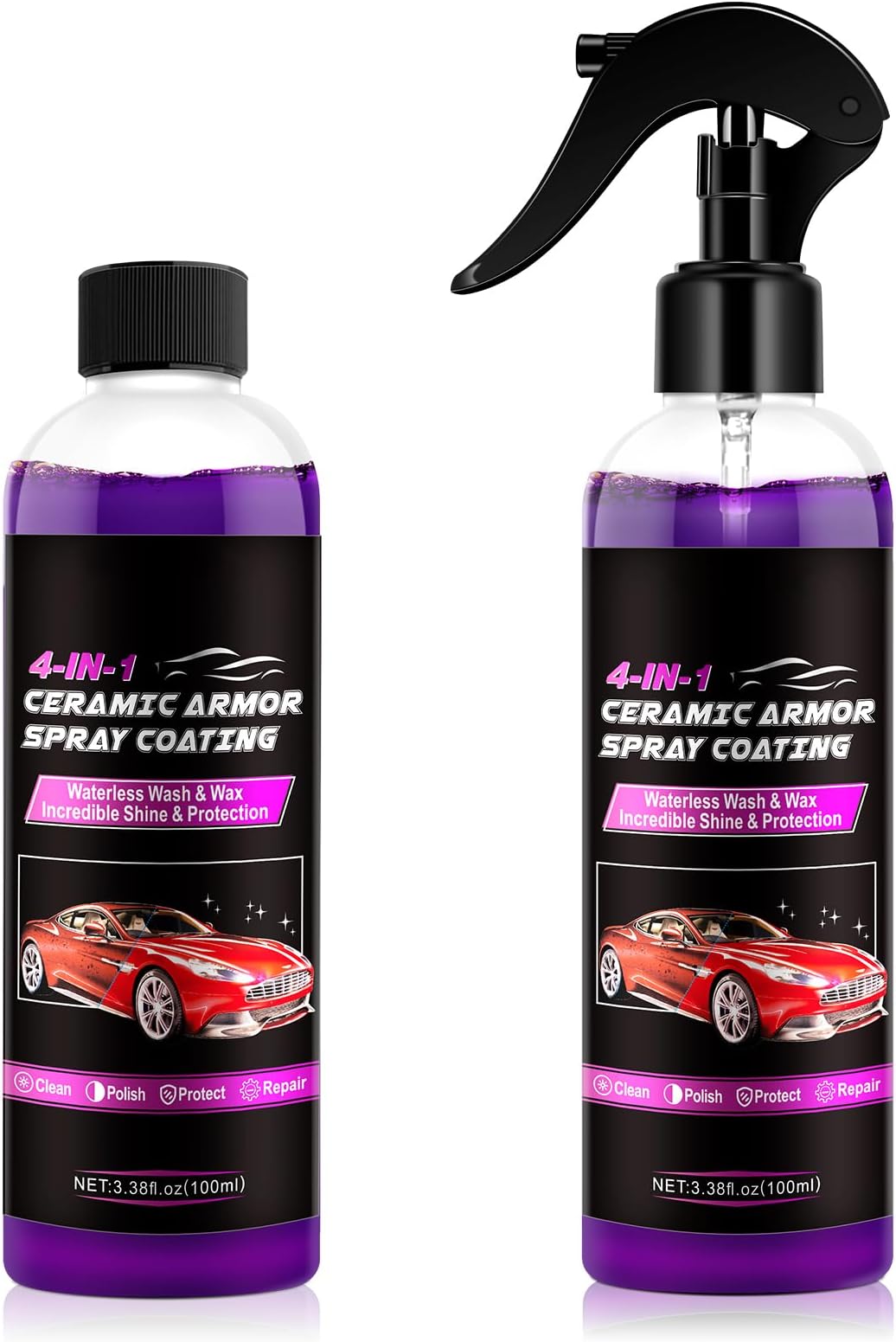 NUEDSFXO 4 in 1 Ceramic Car Coating Spray, Car Scratch Repair Spray, 100ml Waterless Car Wash and Wax Spray, Car Wax Polish Spray for Motorcycles, Cars Cleaning, High Protection&Quick (2PC)