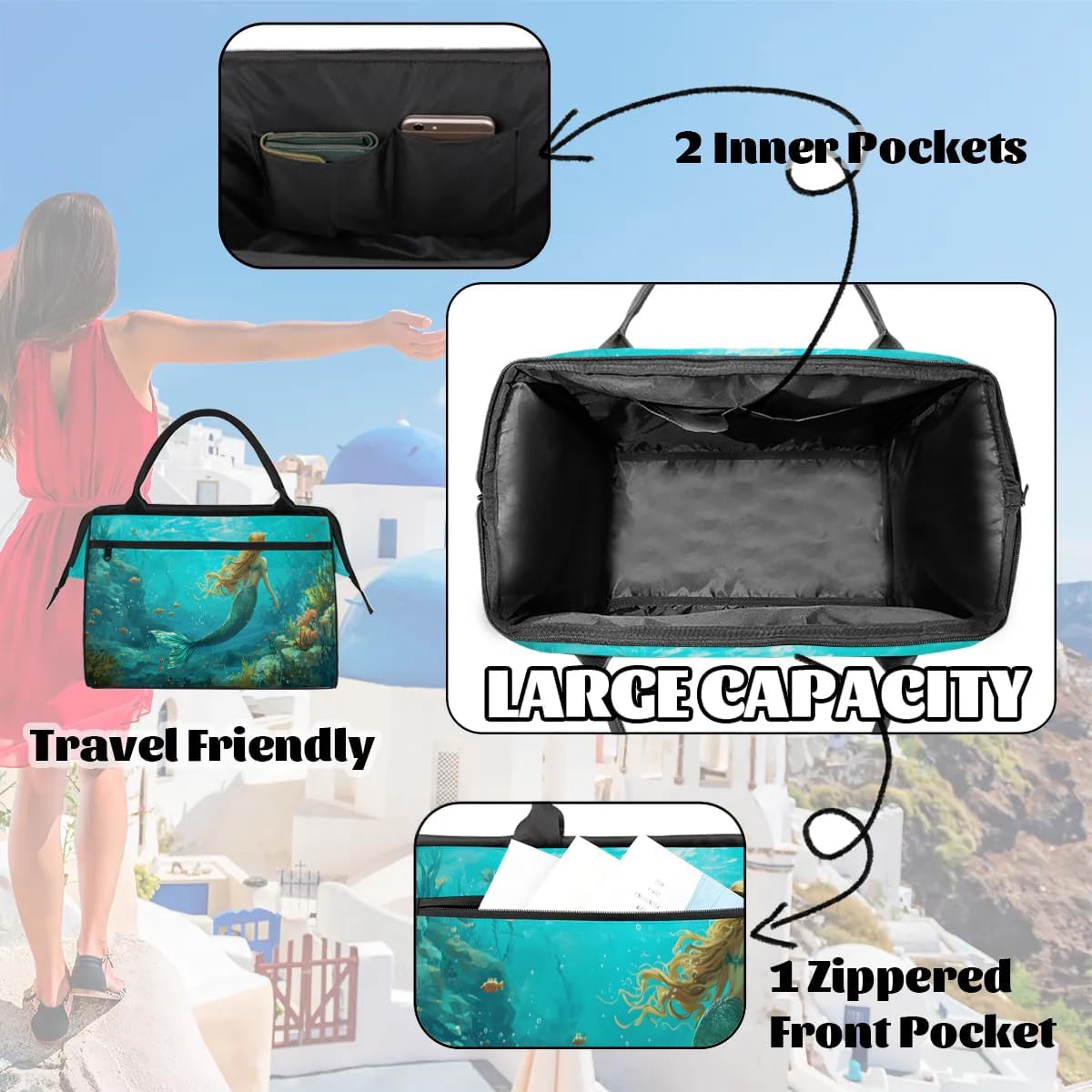 Cartoon Mermaid Underwater Fishes Travel Duffle Bag, Waterproof Duffel Bag Weekender Overnight Carry On Bag Lightweight Sport Gym Bag for Men Women